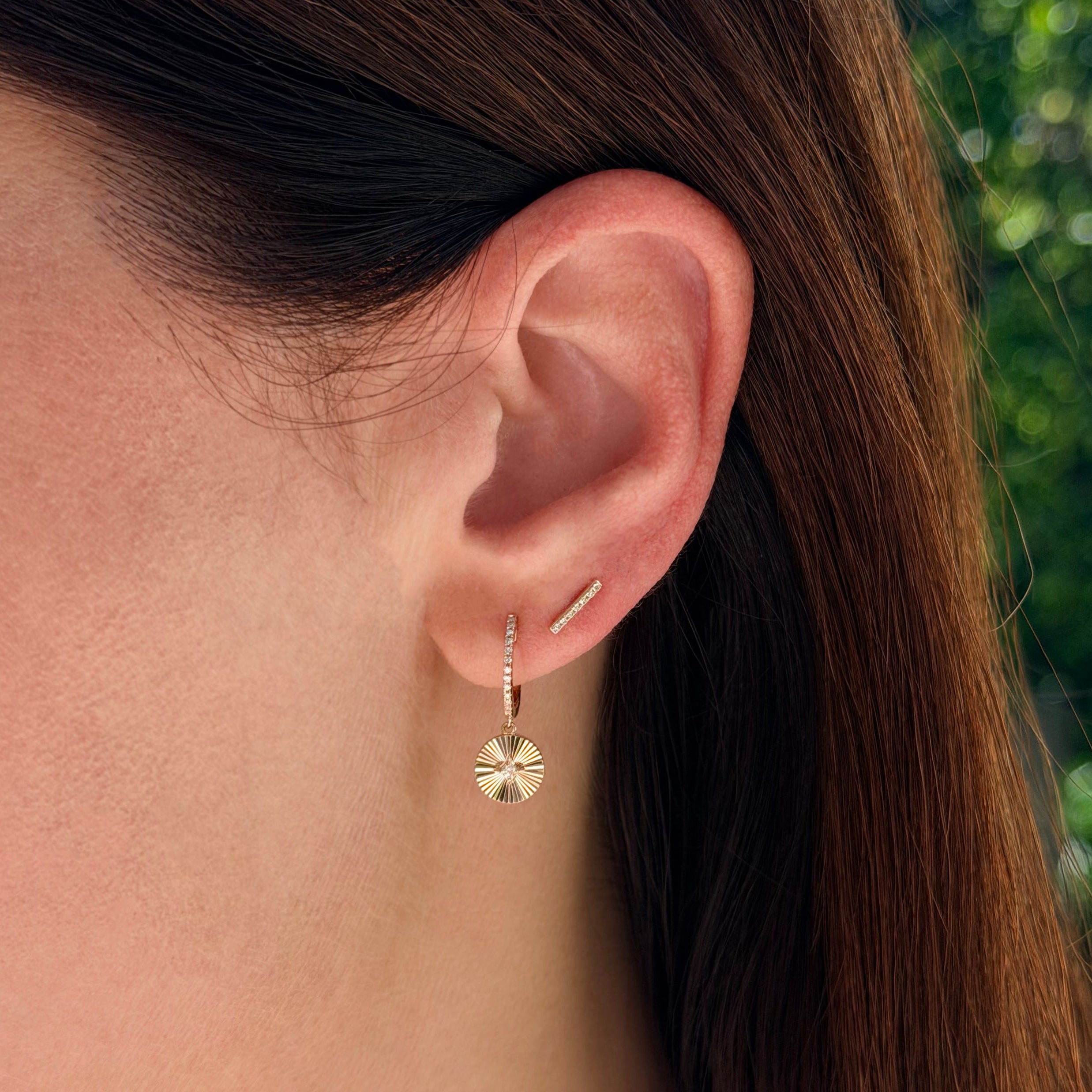 Gold & Diamond Fluted Disc Drop Huggie Earrings