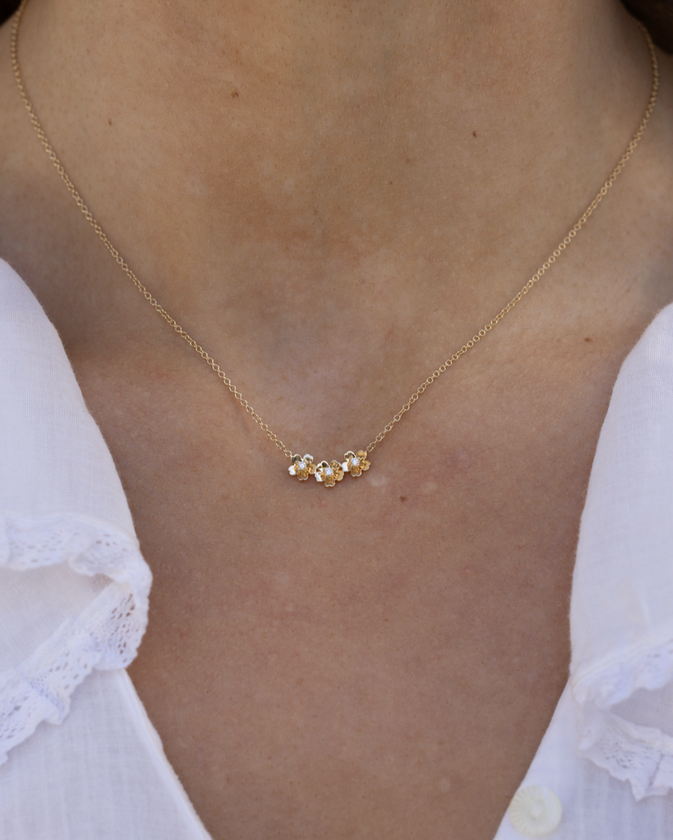 Triple Gold and Diamond Mini Cherry Blossom Necklace