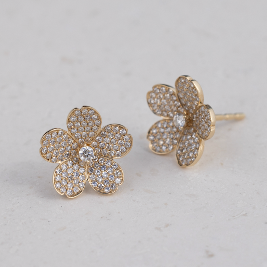 Diamond Cherry Blossom Stud Earrings
