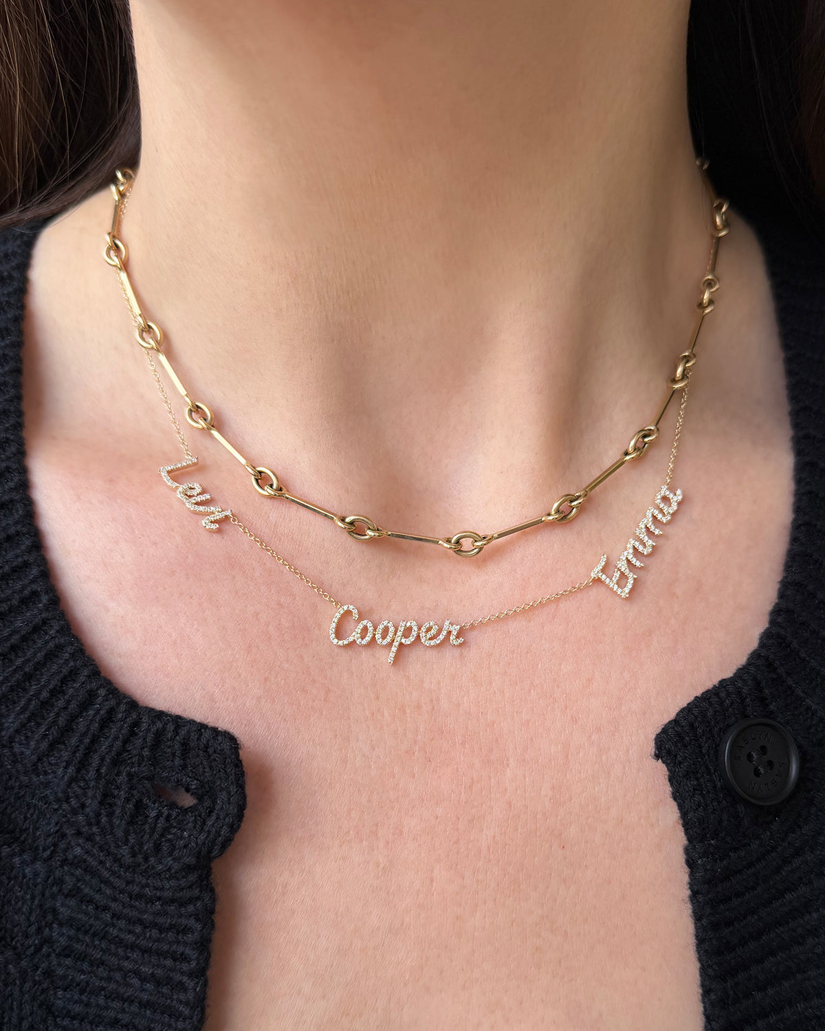 Triple Diamond Script Name Necklace and Reese Chain Necklace in Yellow Gold