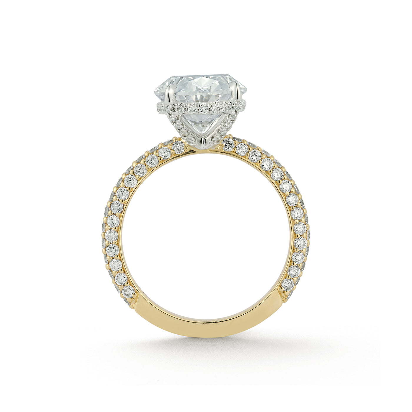 The Emily Engagement Ring with oval cut center diamond with 3-sided micro pave diamonds on yellow gold band