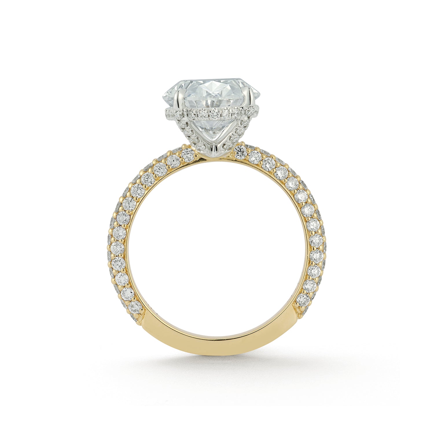 The Emily Engagement Ring with oval cut center diamond with 3-sided micro pave diamonds on yellow gold band
