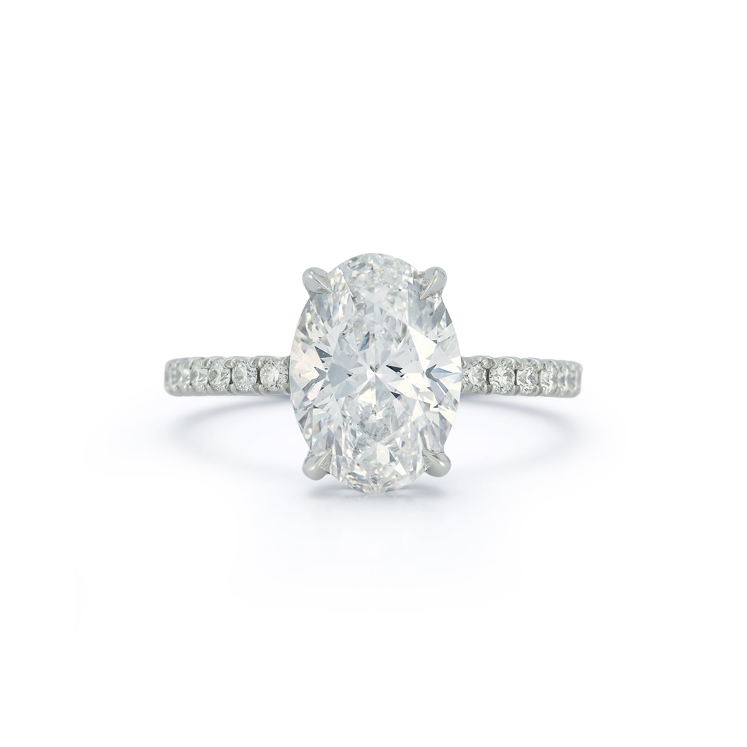 The Jessica Engagement Ring with oval center diamond and micro pave diamonds on white gold band