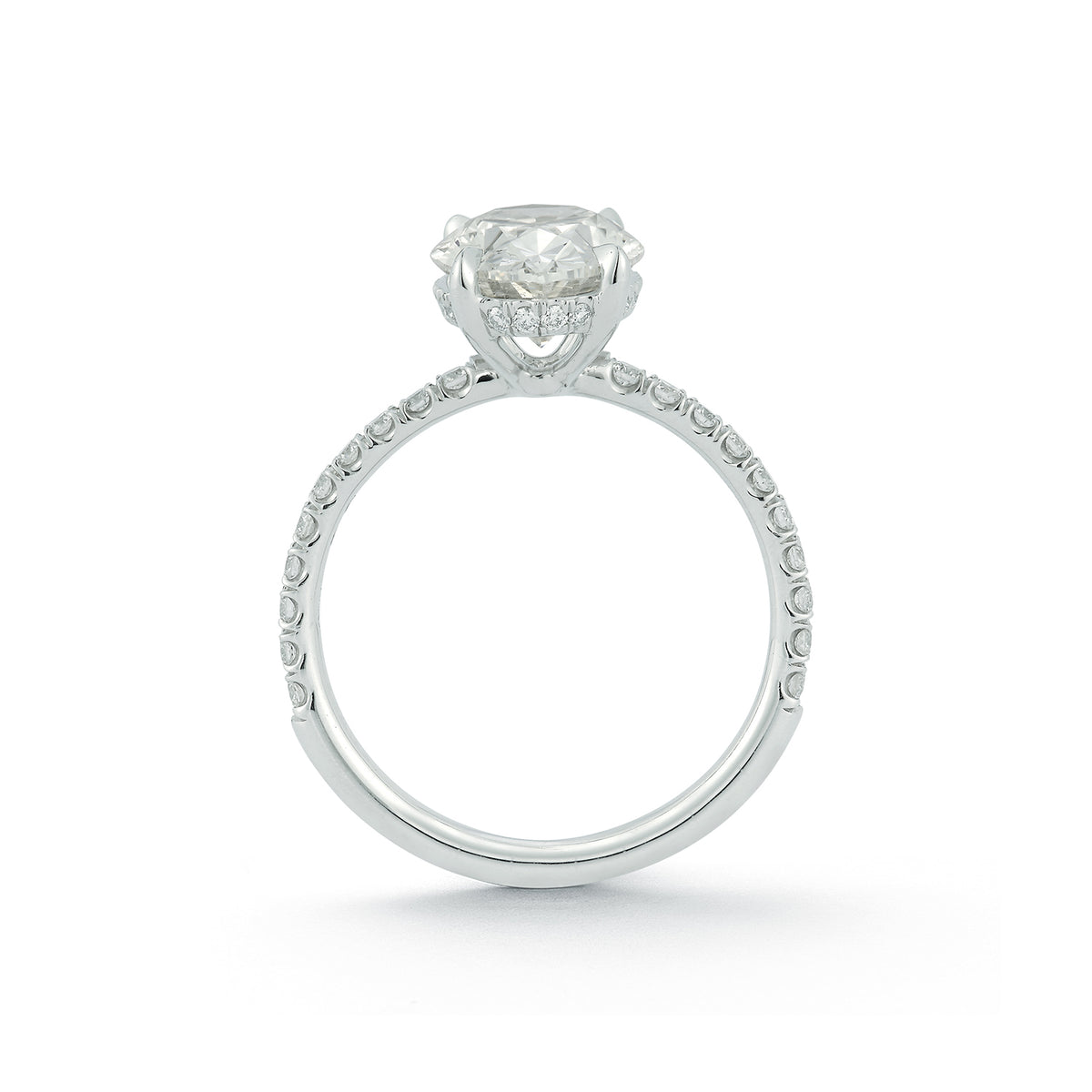 The Jessica Engagement Ring with oval center diamond and micro pave diamonds on white gold band