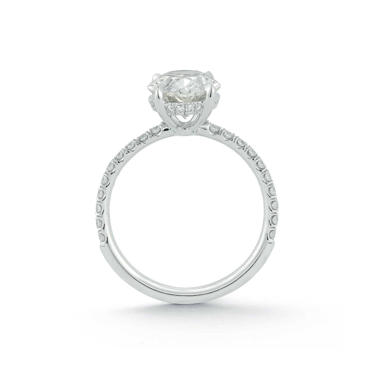 The Jessica Engagement Ring with oval center diamond and micro pave diamonds on white gold band