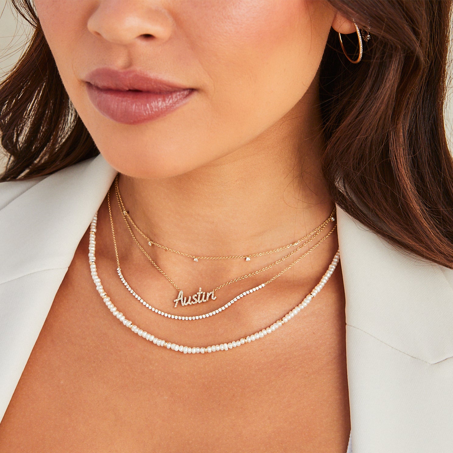 Rose Gold, Mother Of Pearl And Diamond Monograms Layering Necklace