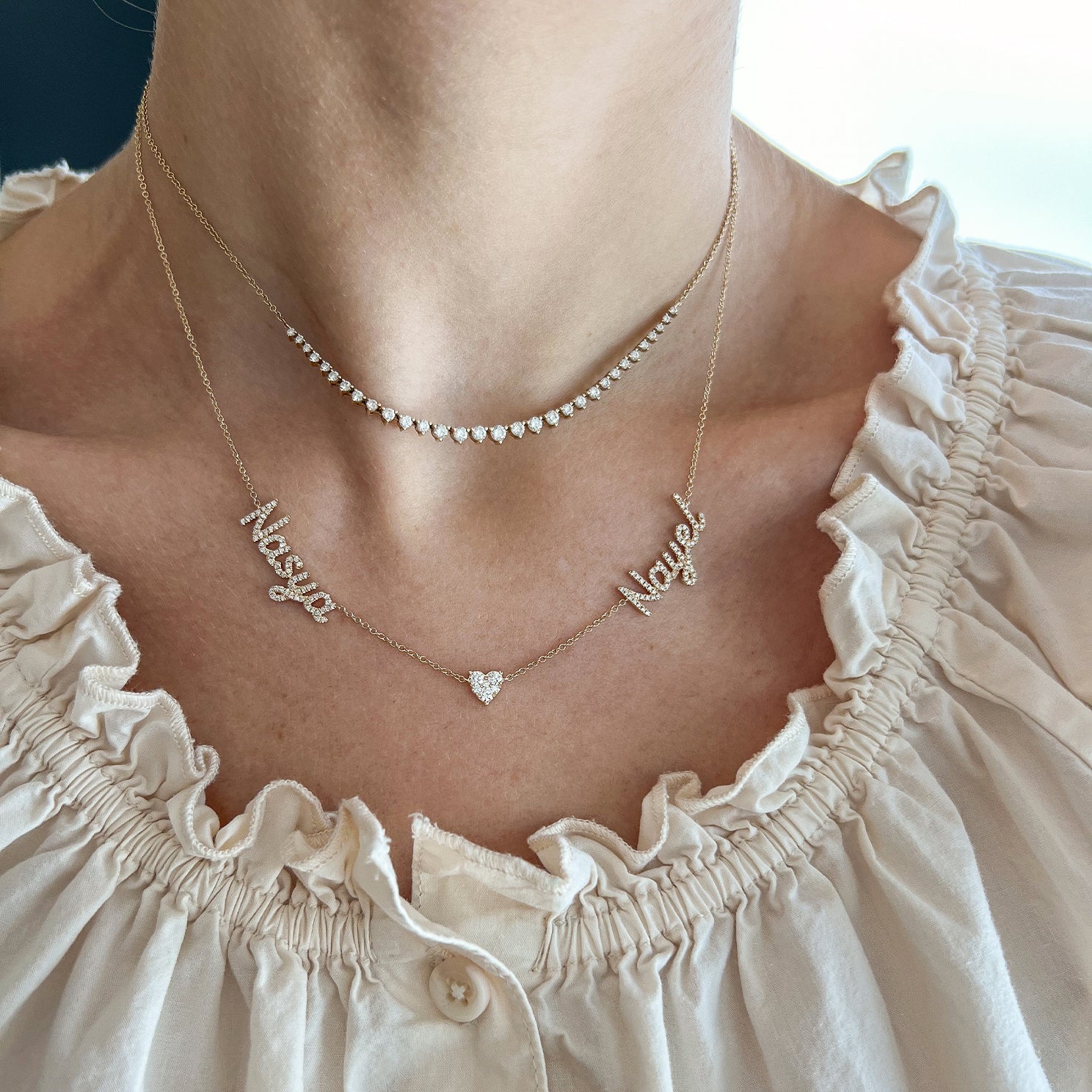 Full Cut Heart Double Diamond Script Name Necklace 14k Gold EF