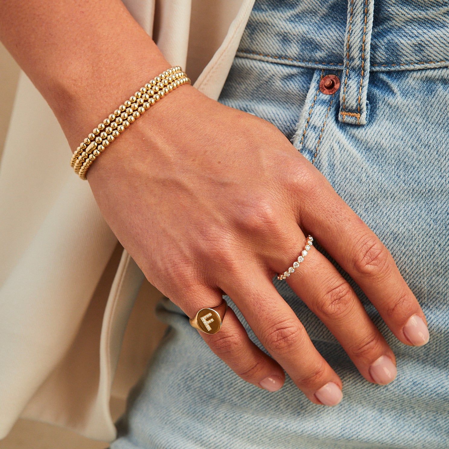 Gold Oval Signet With Diamond Initial Ring
