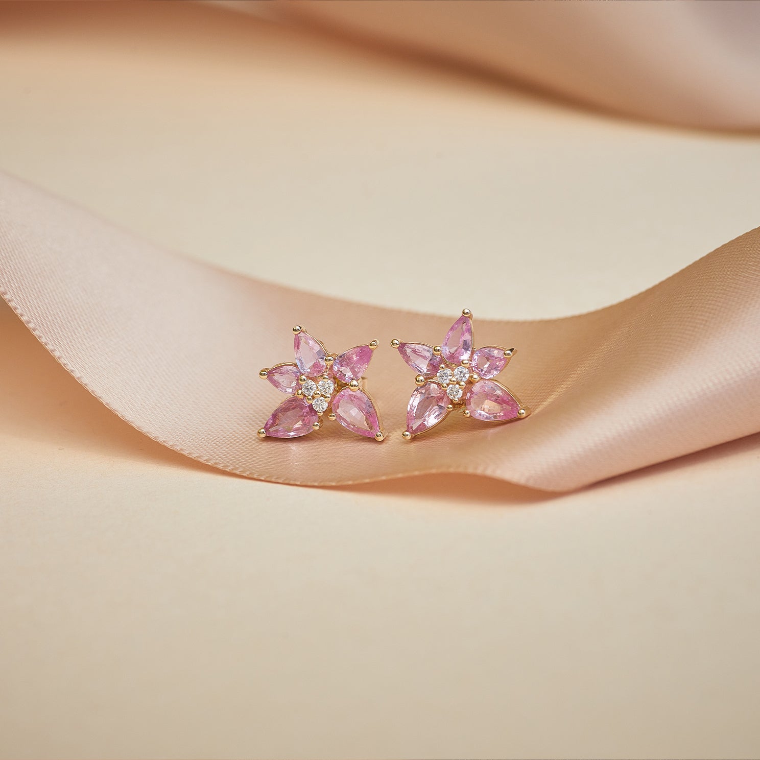 14K Rose Gold Pink Sapphire Trio Cluster Stud Earrings