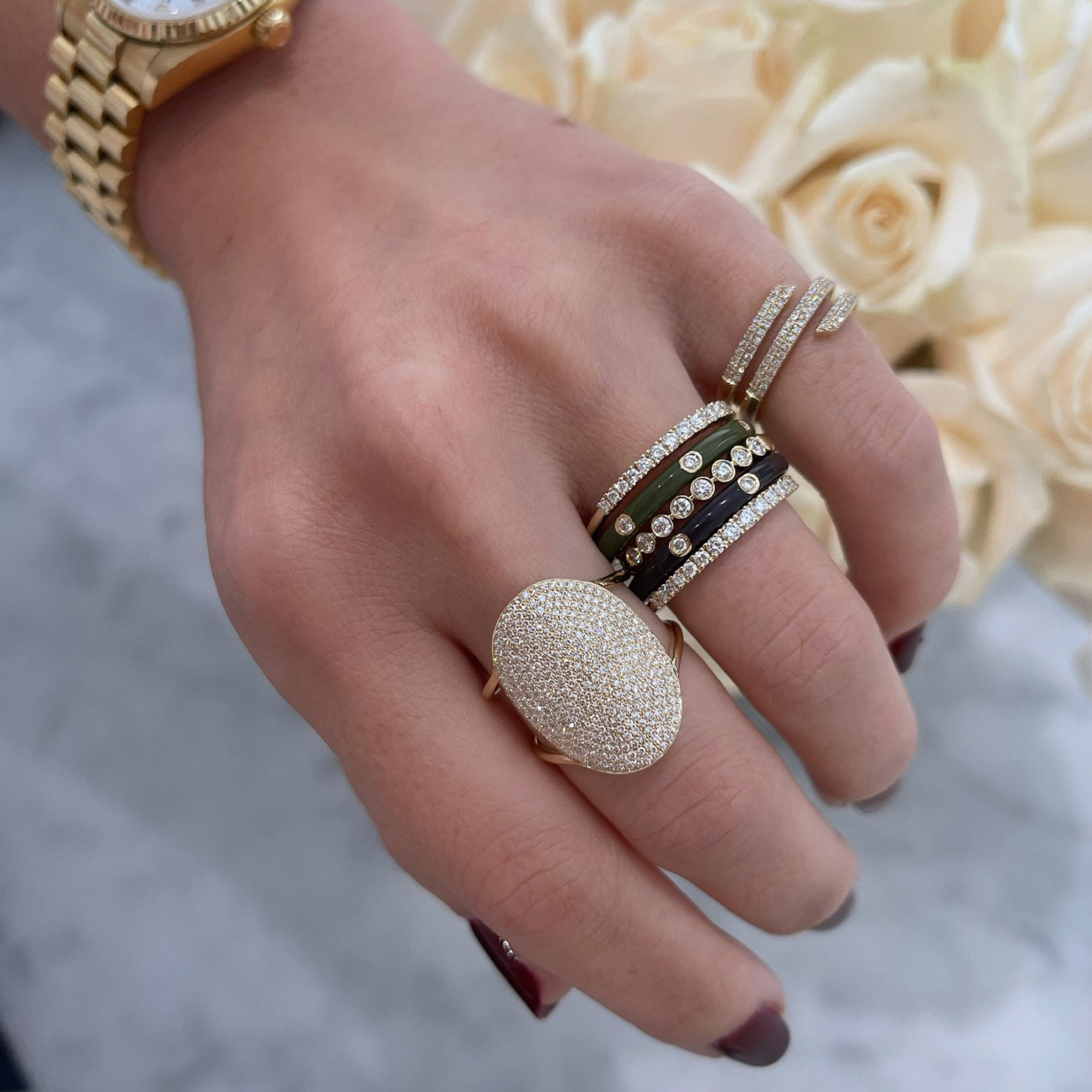 3 Diamond & Slate Enamel Stack Ring