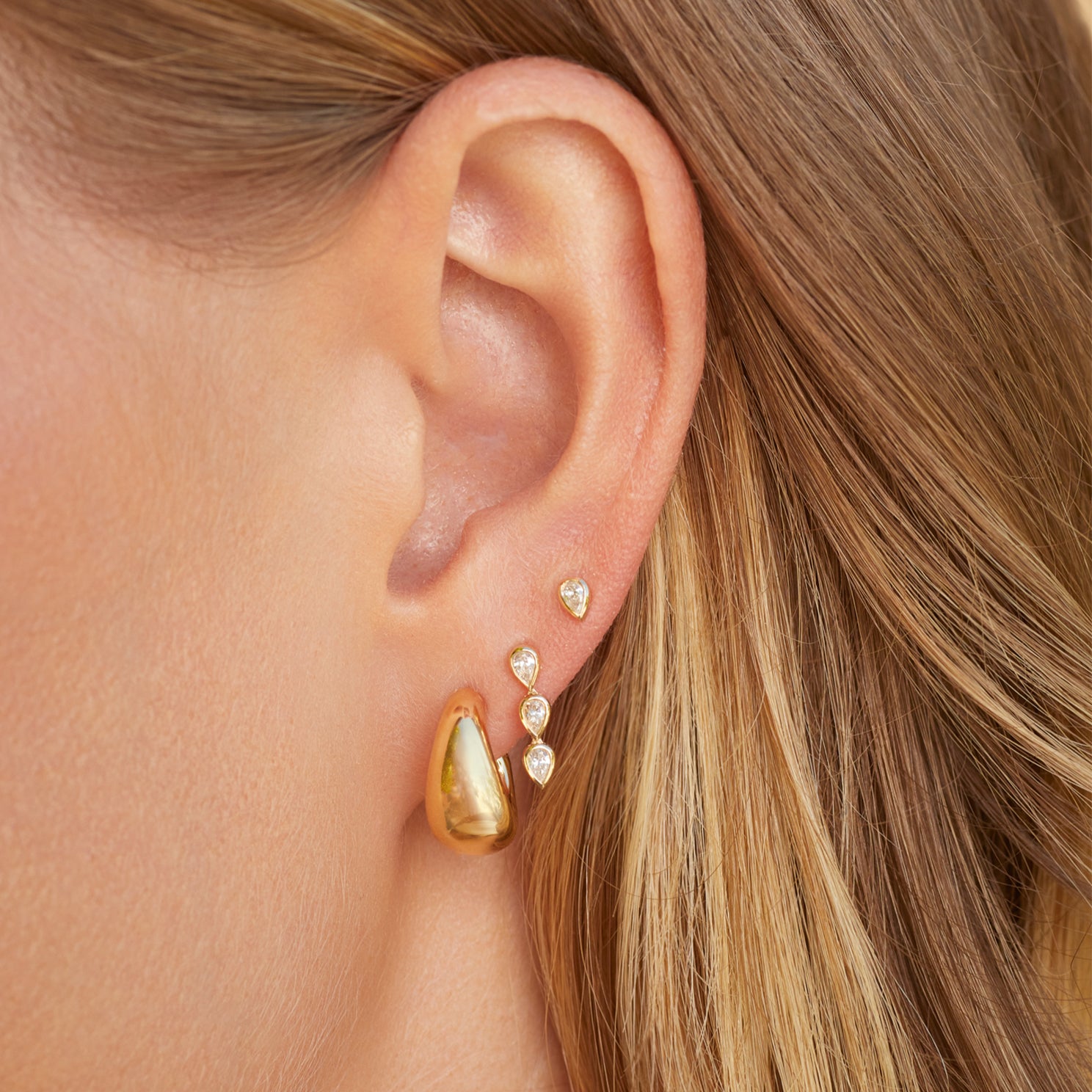 Bezel Set Triple Diamond Pear Stud Earring