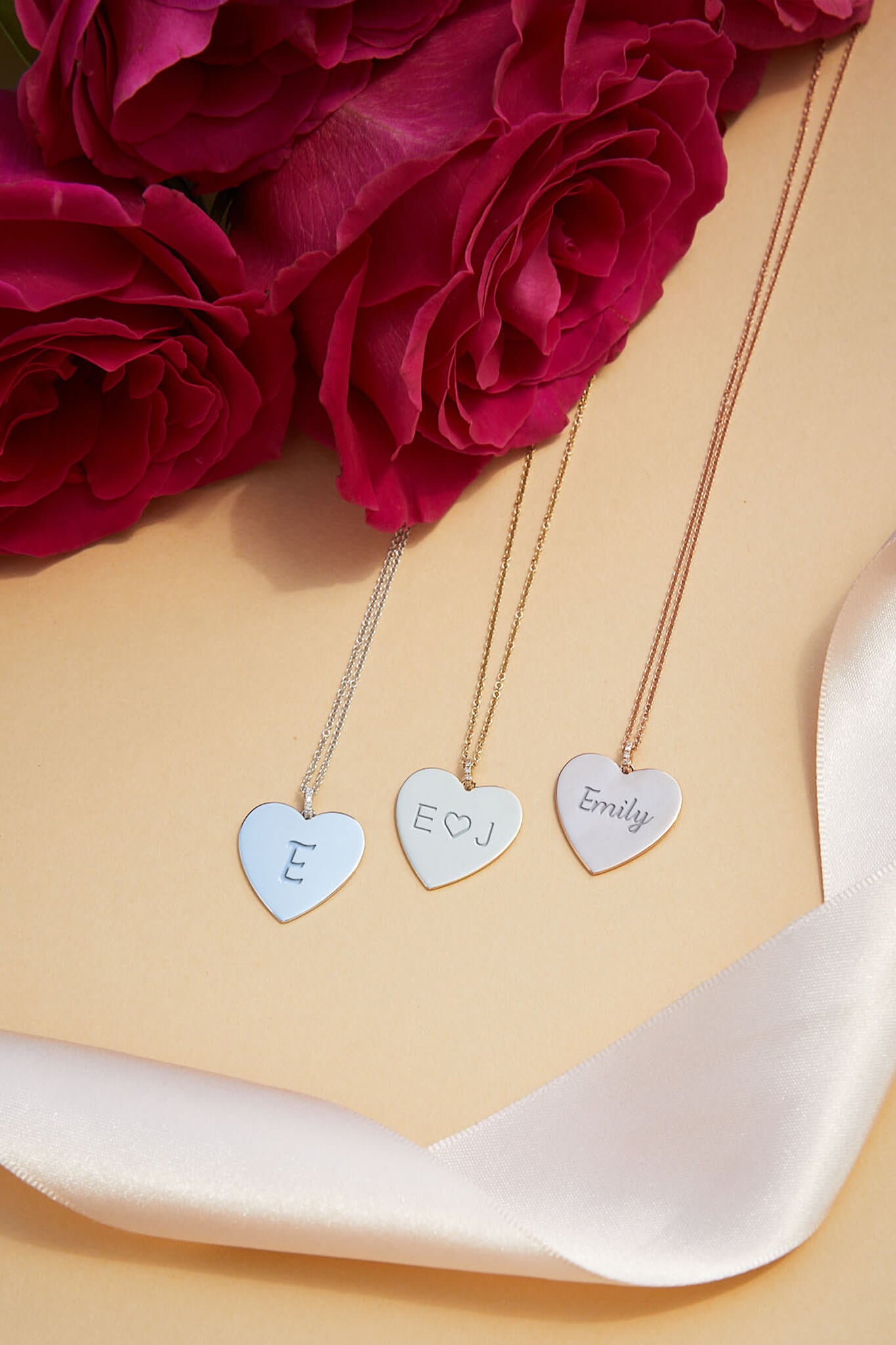 EF Collection 14k white gold, yellow gold, and rose gold jumbo heart necklaces with engraved initials