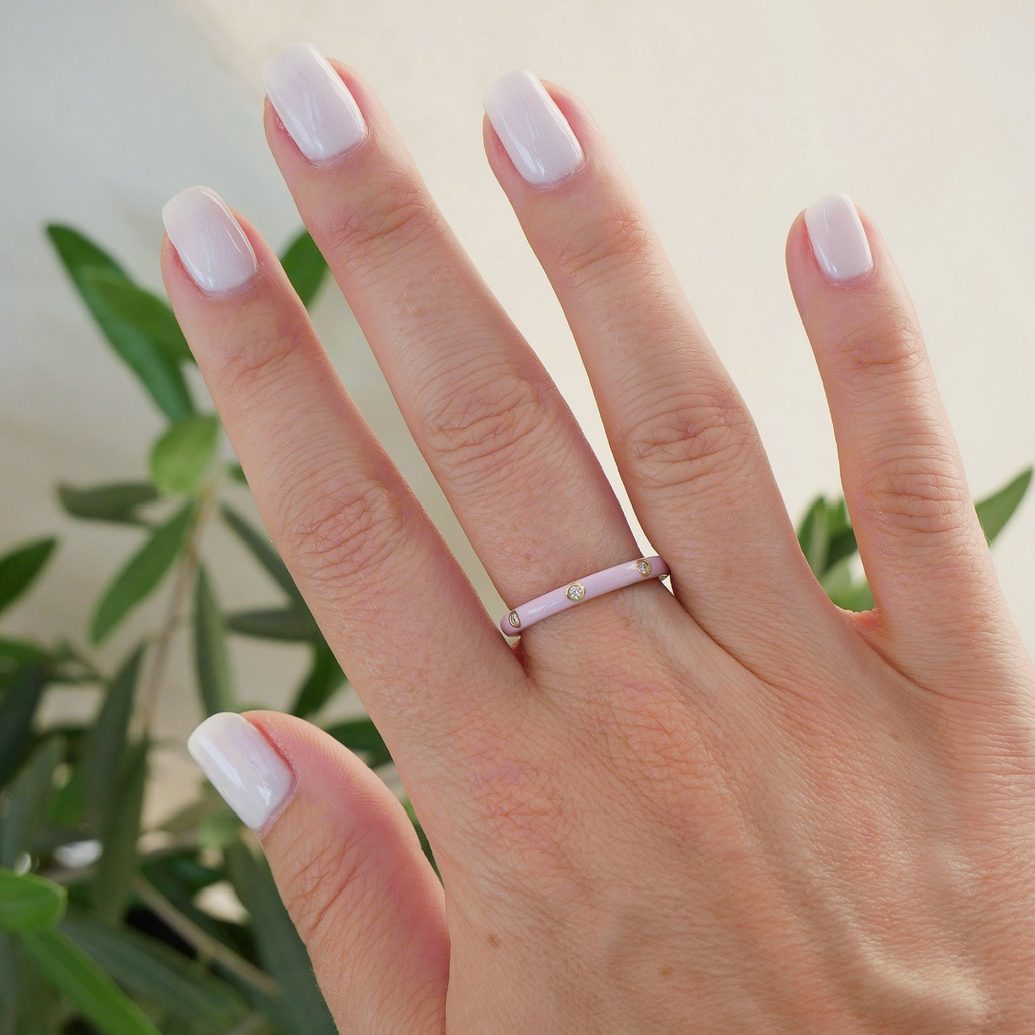 3 Diamond & Light Pink Enamel Stack Ring