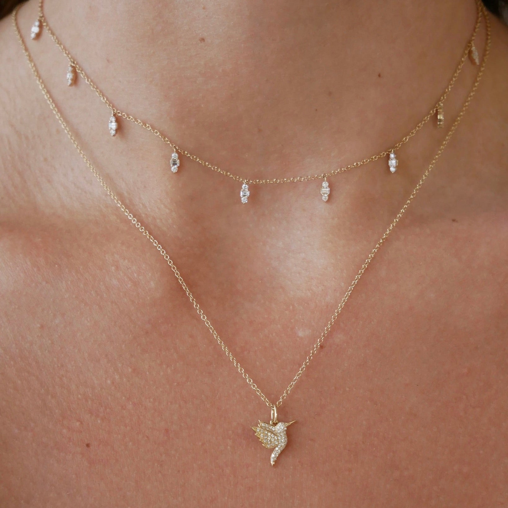 Pave Diamond Mini Hummingbird Necklace and Diamond Mia Necklace in 14k Yellow Gold