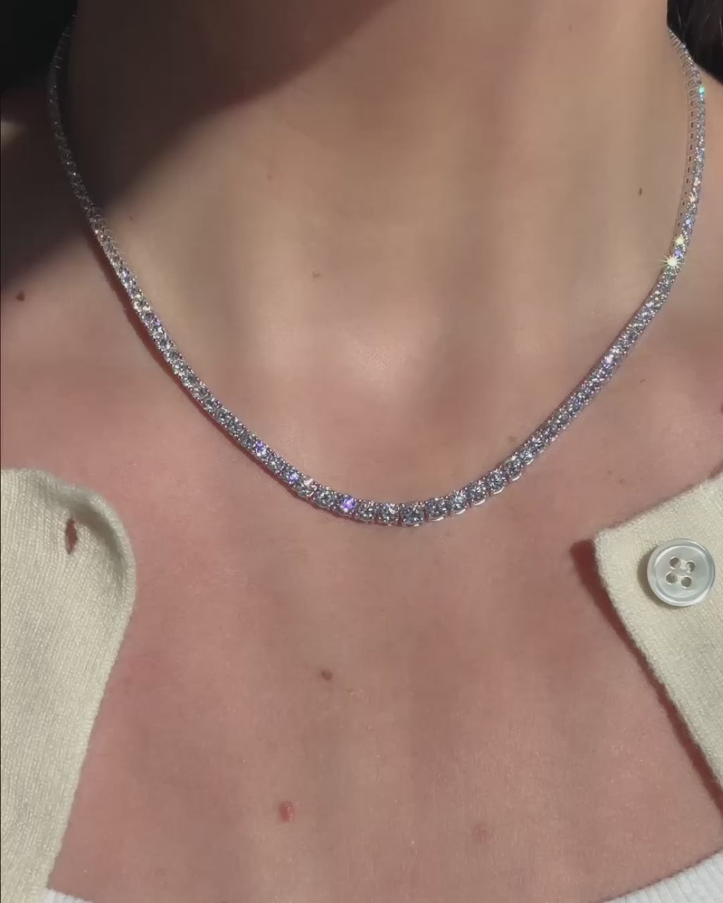 Diamond Monroe Riviera Tennis Necklace sparkling in the sunlight worn on model's neck