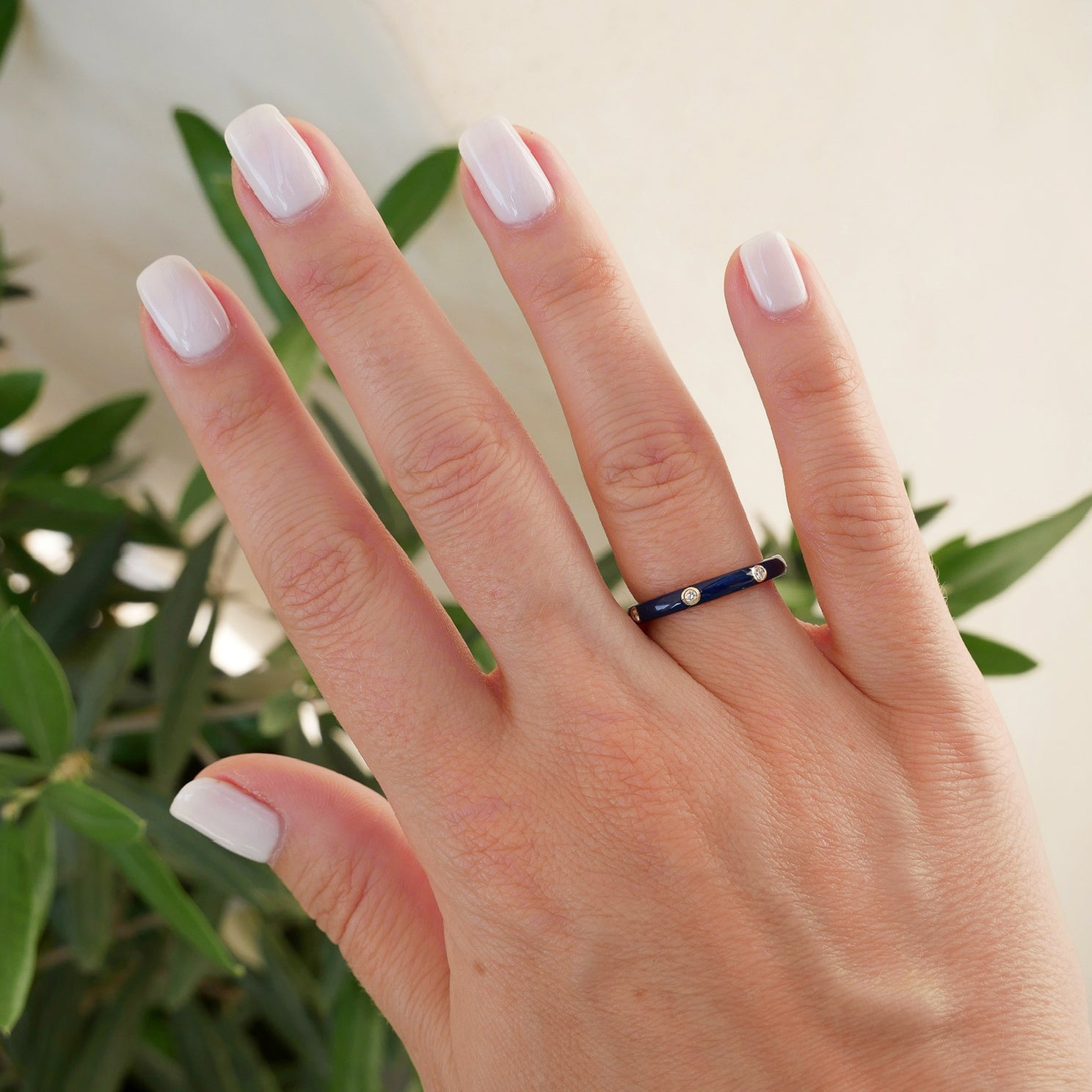 3 Diamond Navy Enamel Stack Ring