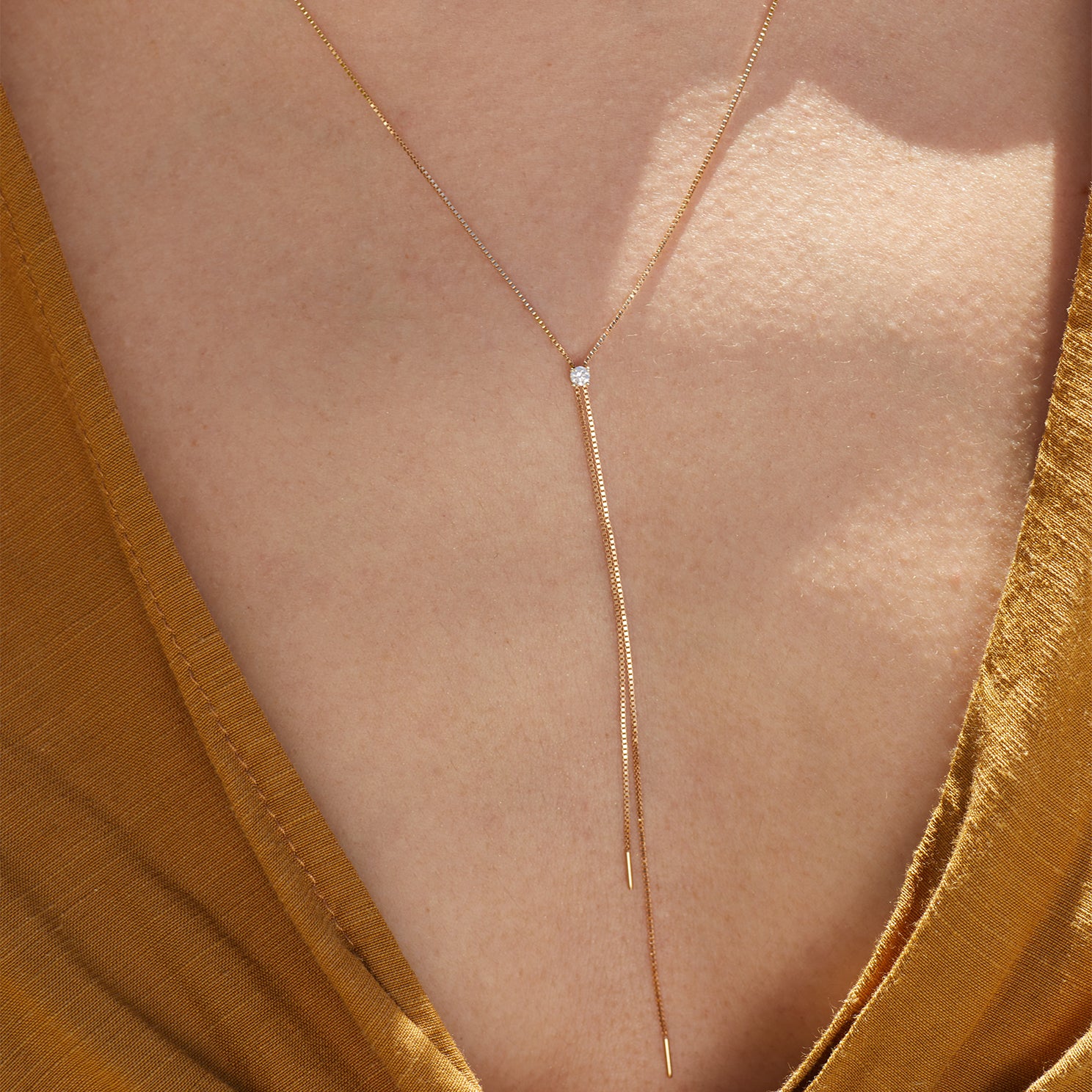 Diamond Shayla Lariat Necklace styled on neck of model