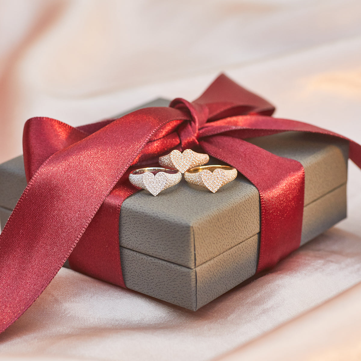 Diamond Heart Signet Ring in 14k Yellow Gold, 14k Rose Gold, 14k White Gold Displayed on Jewelry Box with Red Ribbon Detail