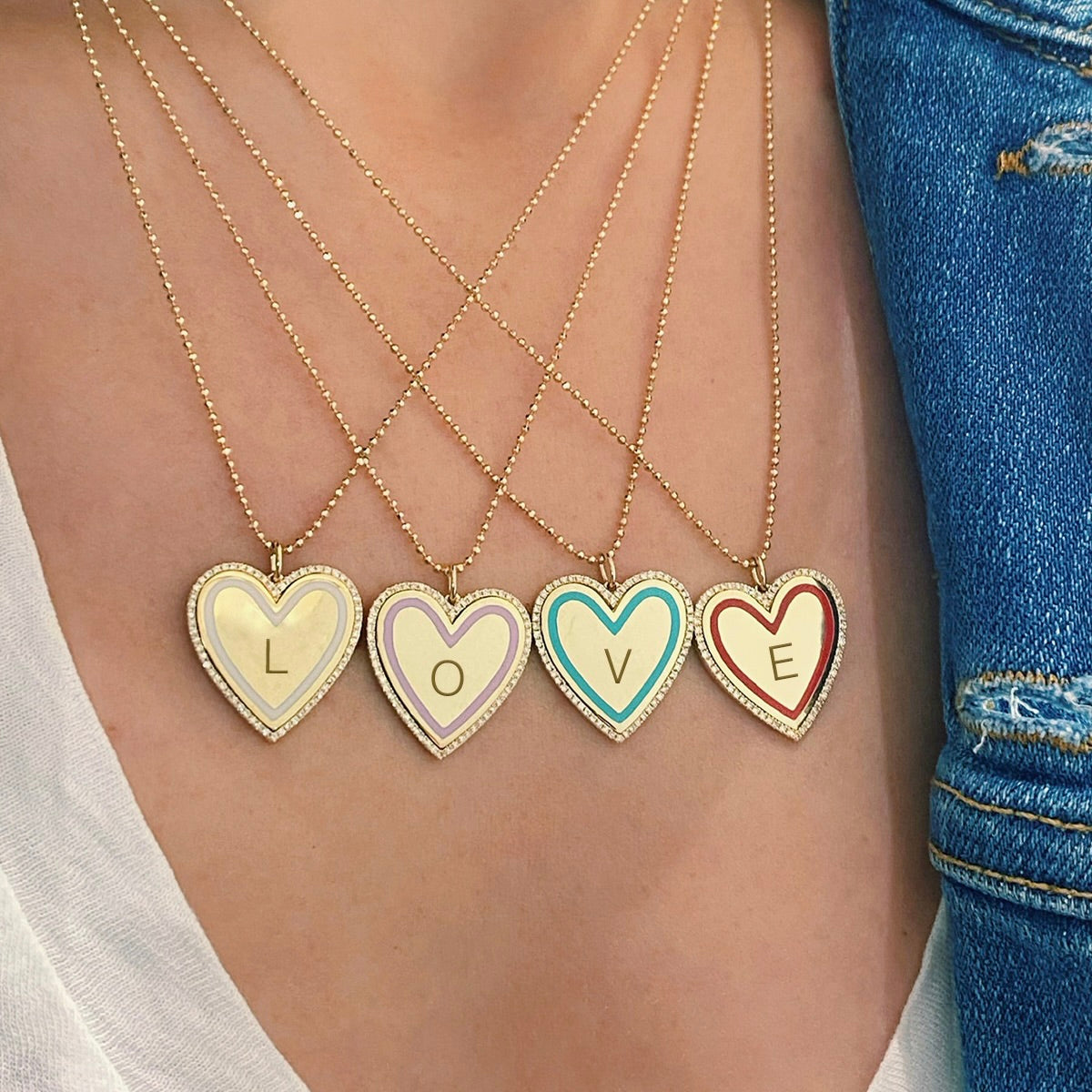 Diamond & Light Pink Enamel Heart Necklace