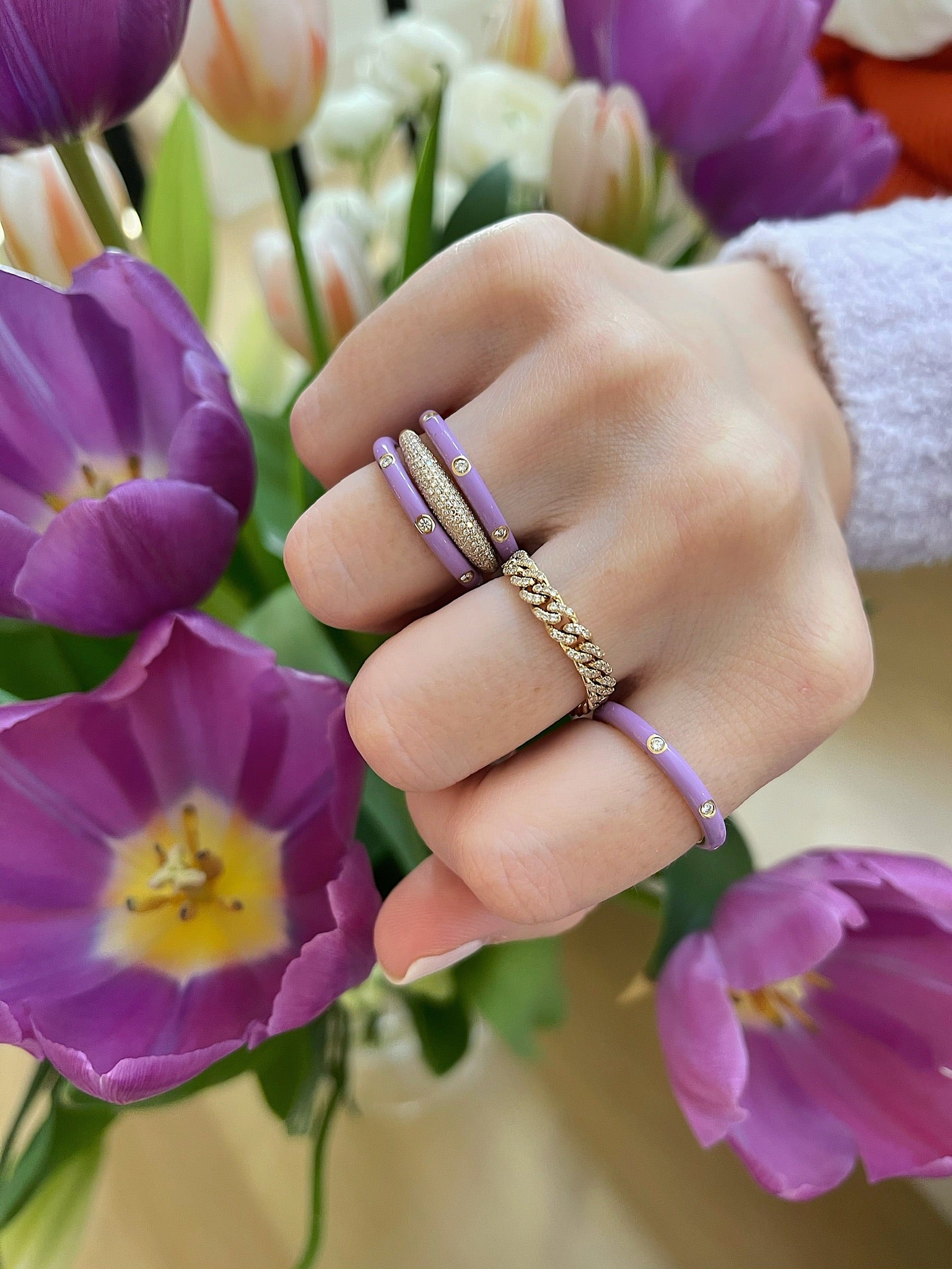 3 Diamond Lavender Enamel Stack Ring