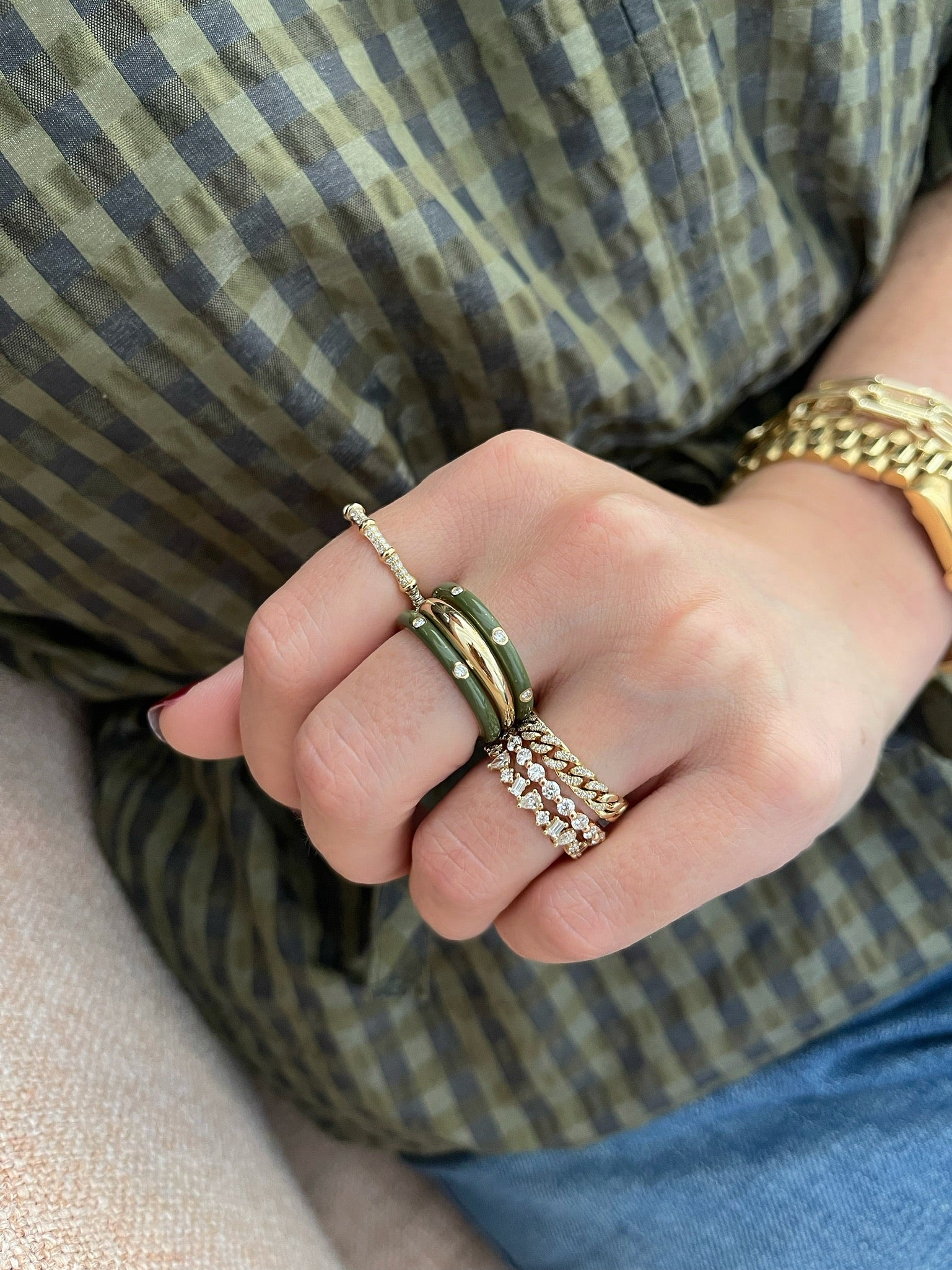 3 Diamond & Olive Enamel Stack Ring