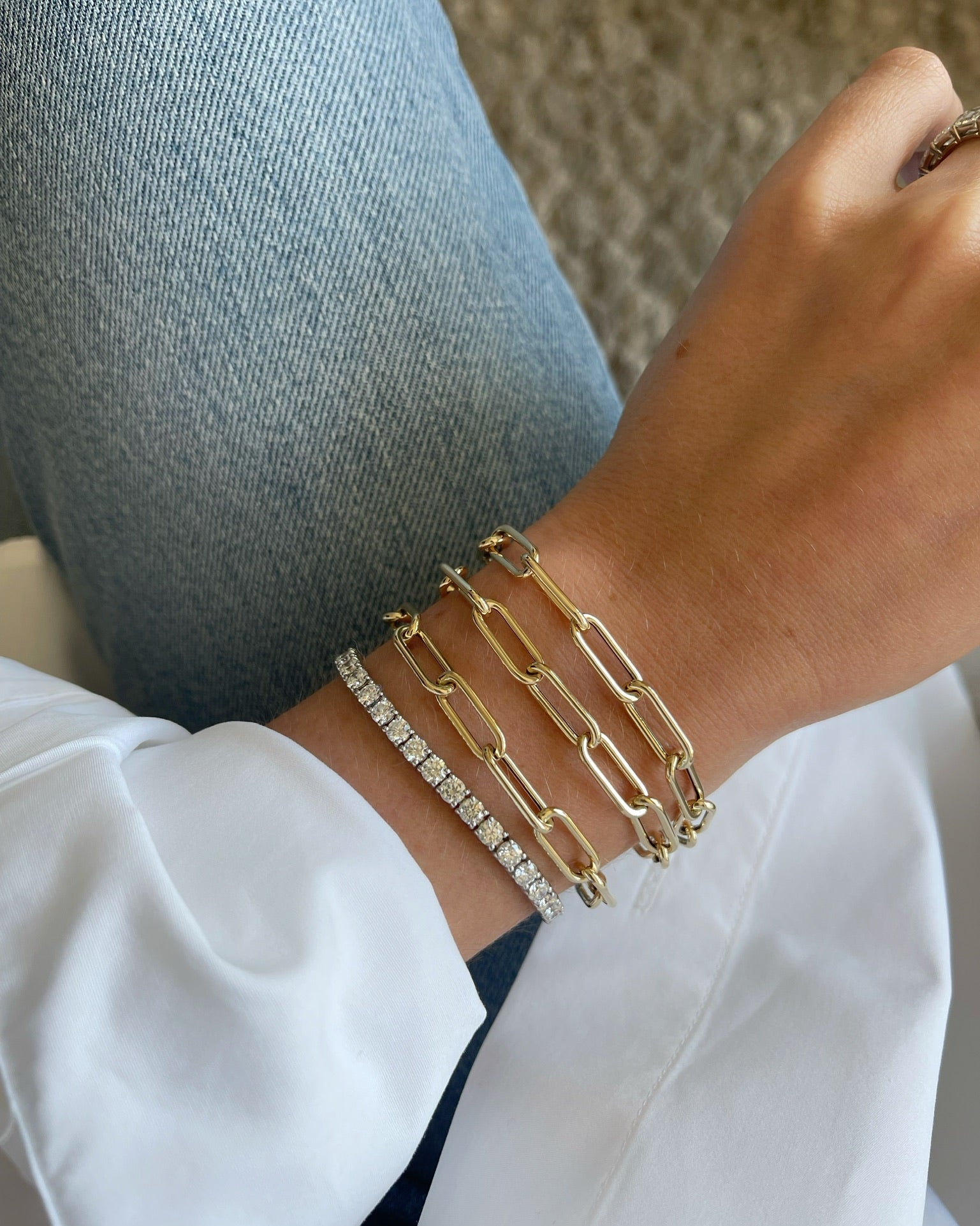 Jumbo Lola Chain Necklace And Triple Wrap Bracelet Styled on Wrist of Model