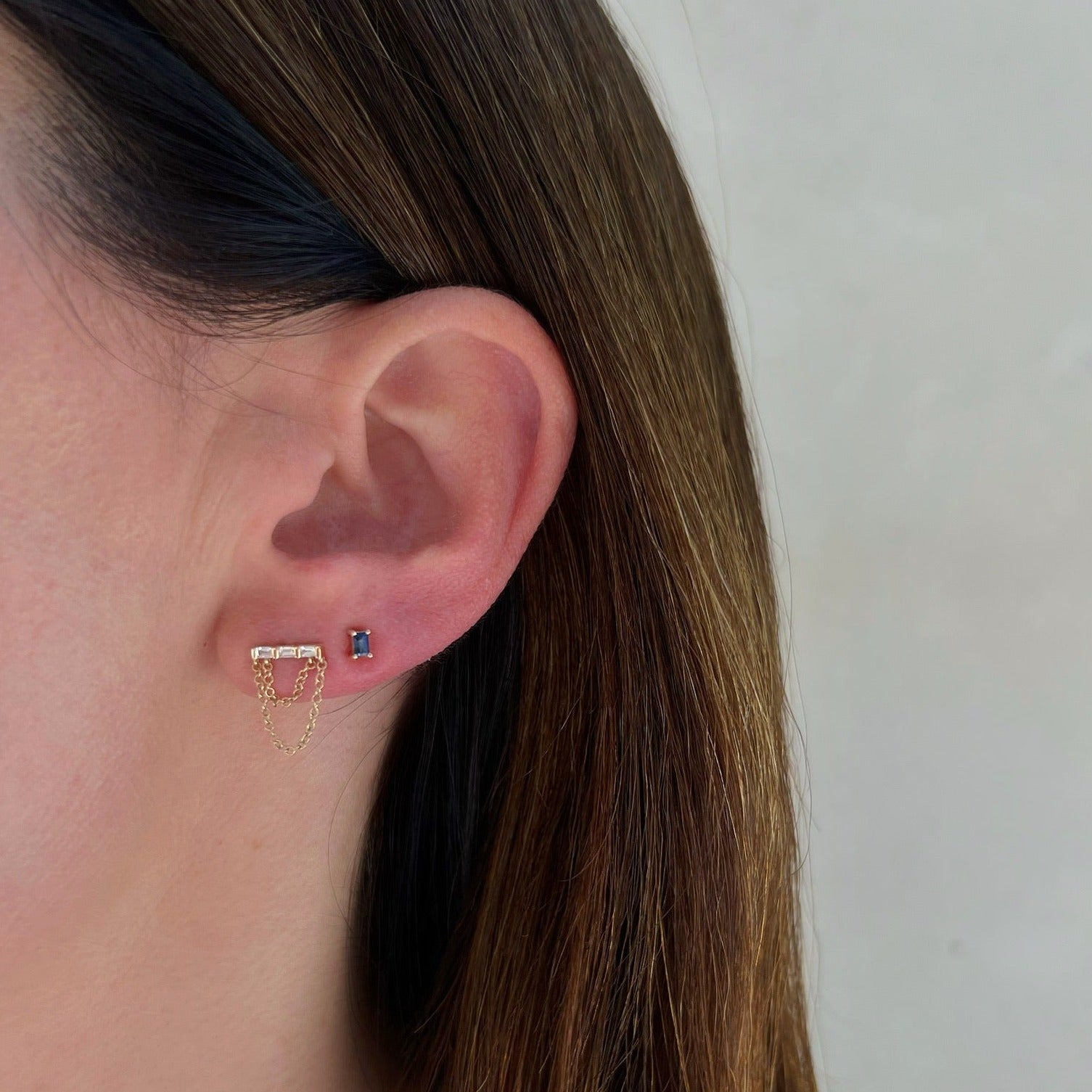 Blue Sapphire Baguette Stud Earring