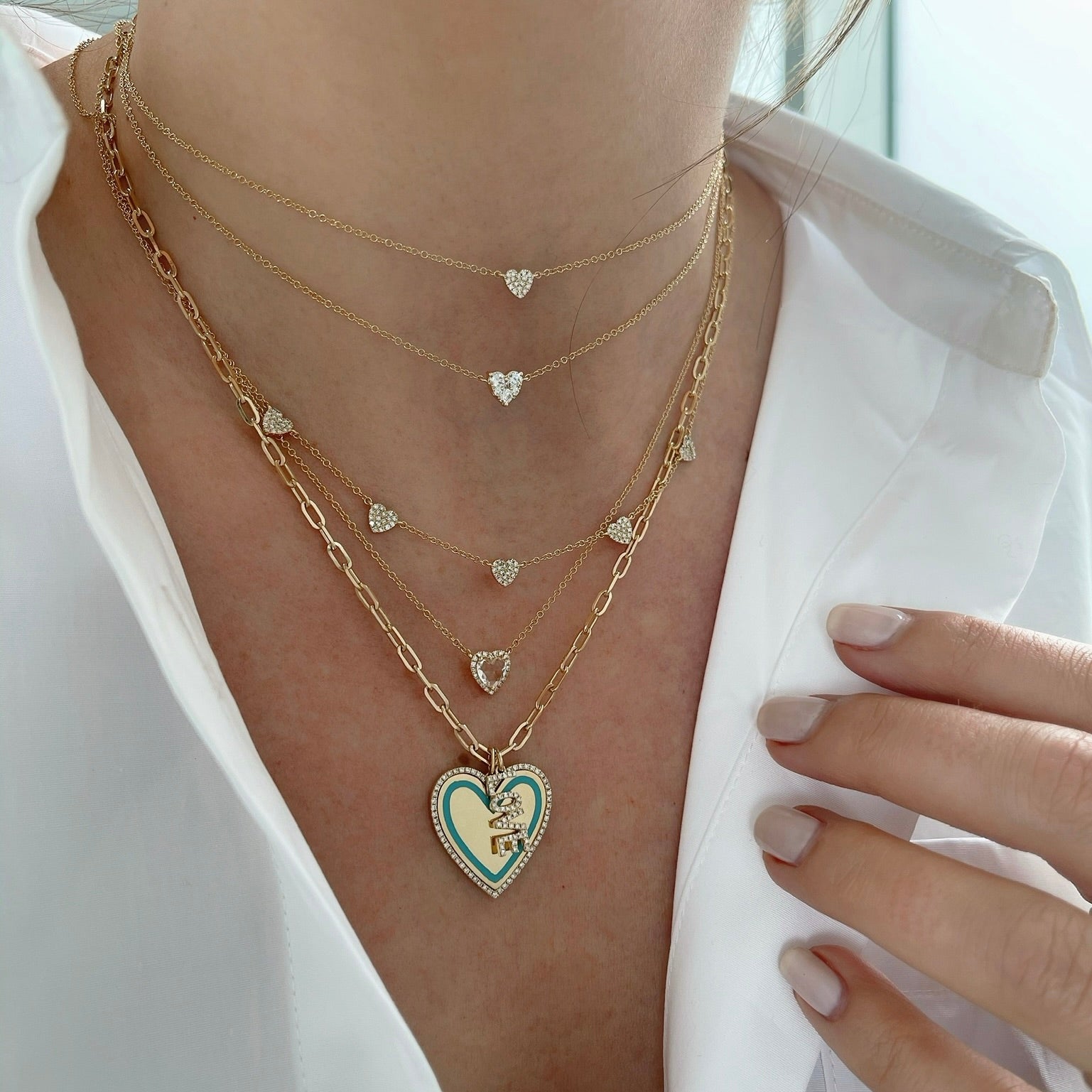Diamond & Enamel Heart on Mini Link Chain Necklace