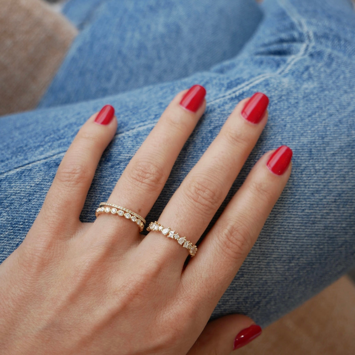 Half Diamond Multi Faceted Ring styled on the hand in yellow gold 