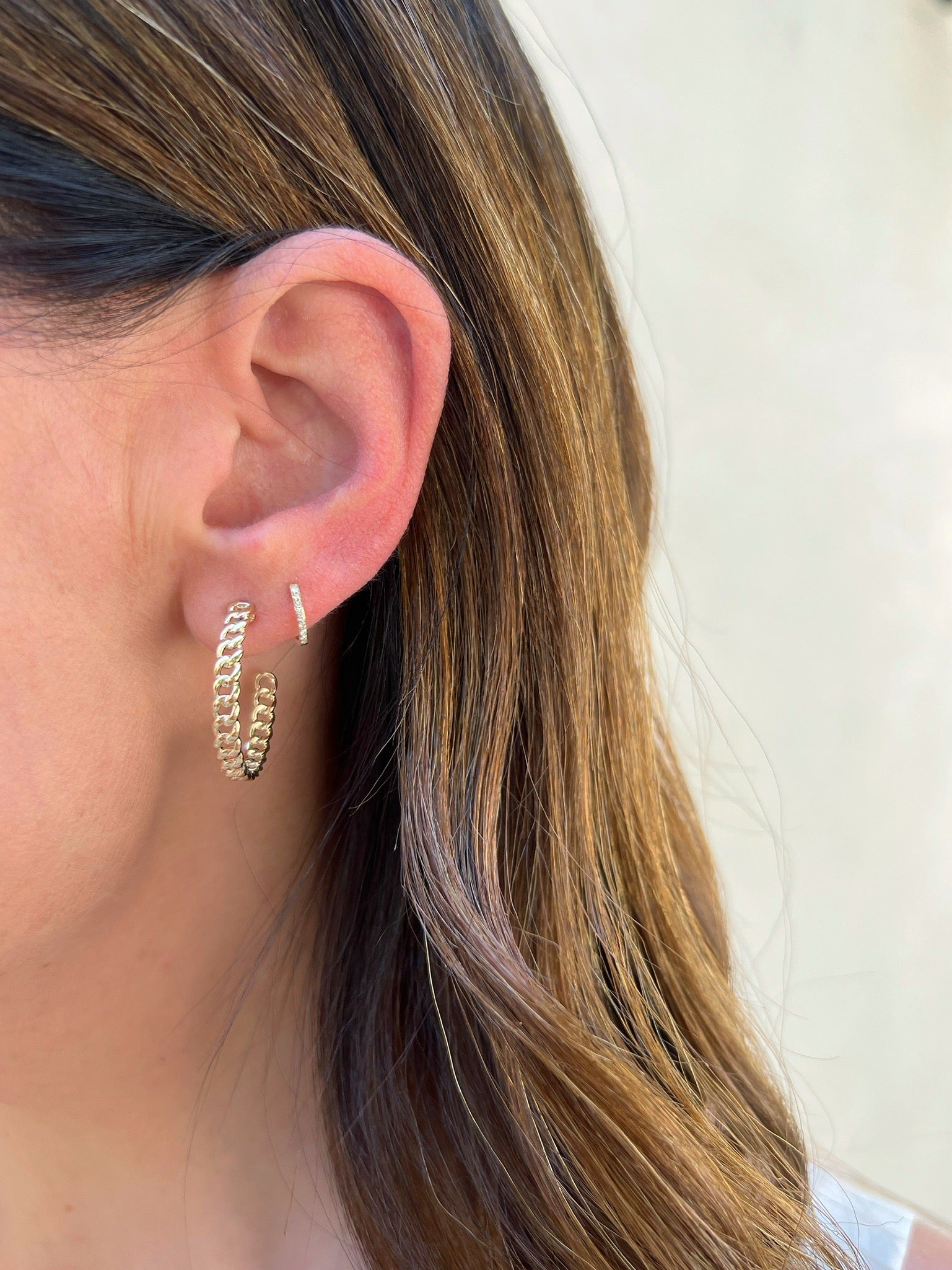 14K Yellow Gold Curb Chain Hoop Earring on ear