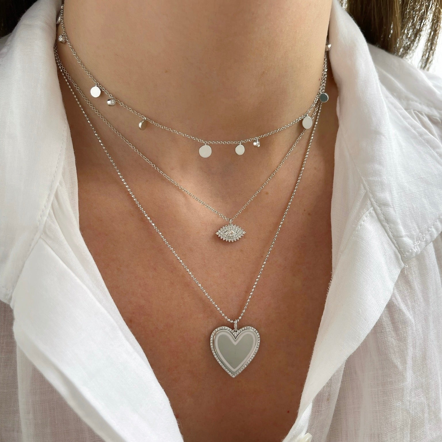 Diamond & White Enamel Heart Necklace