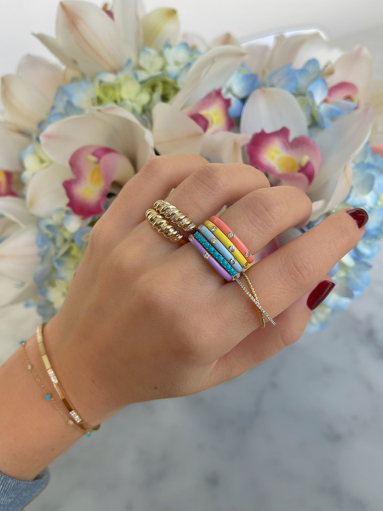 3 Diamond Yellow Enamel Stack Ring