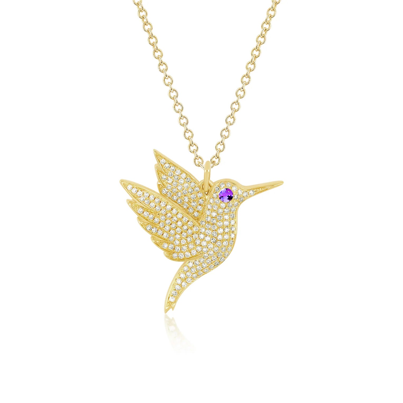 Pavé Diamond Hummingbird Necklace in 14k yellow gold with purple amethyst birthstone eye