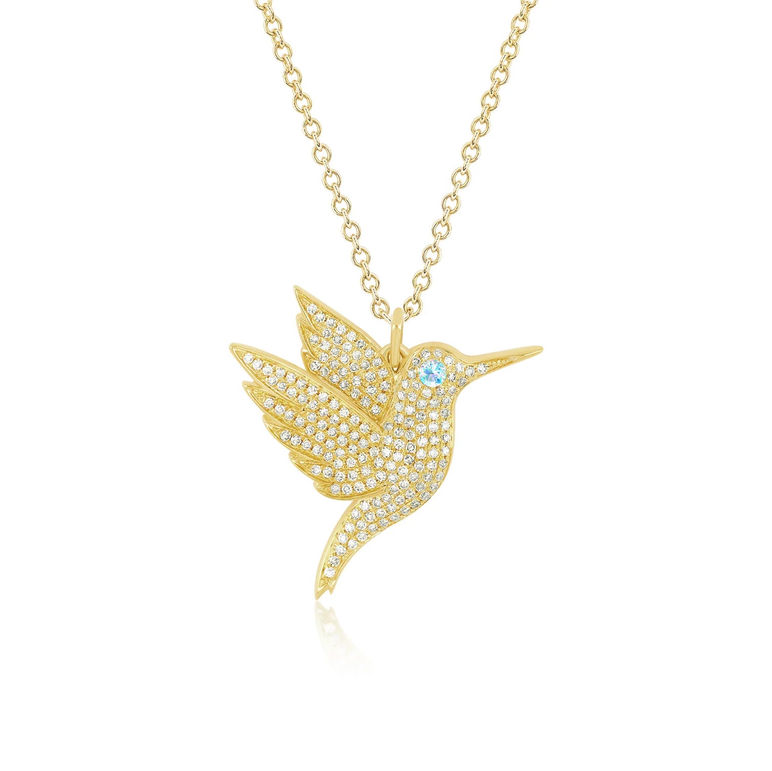 Pavé Diamond Hummingbird Necklace in 14k yellow gold with aquamarine birthstone eye