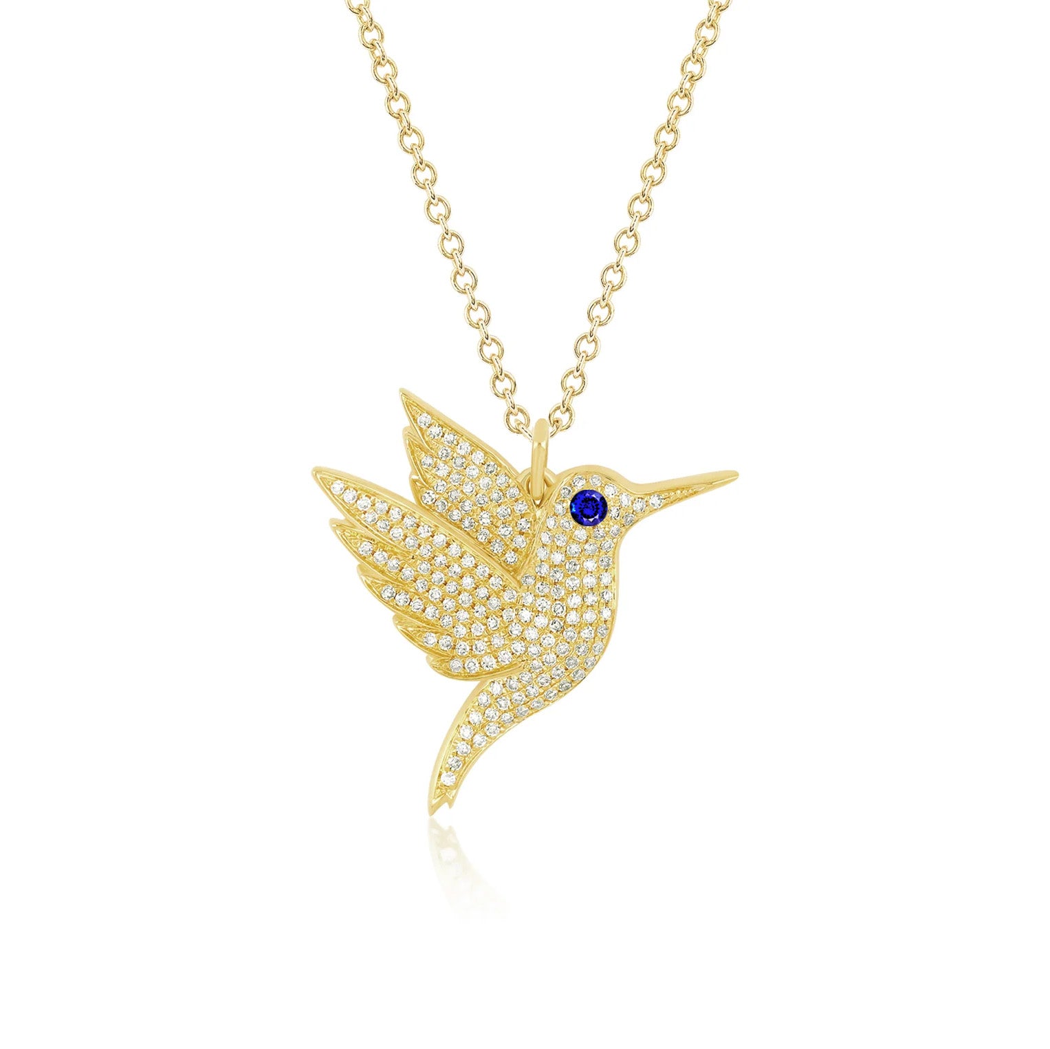 Pavé Diamond Hummingbird Necklace in 14k yellow gold with blue sapphire birthstone eye