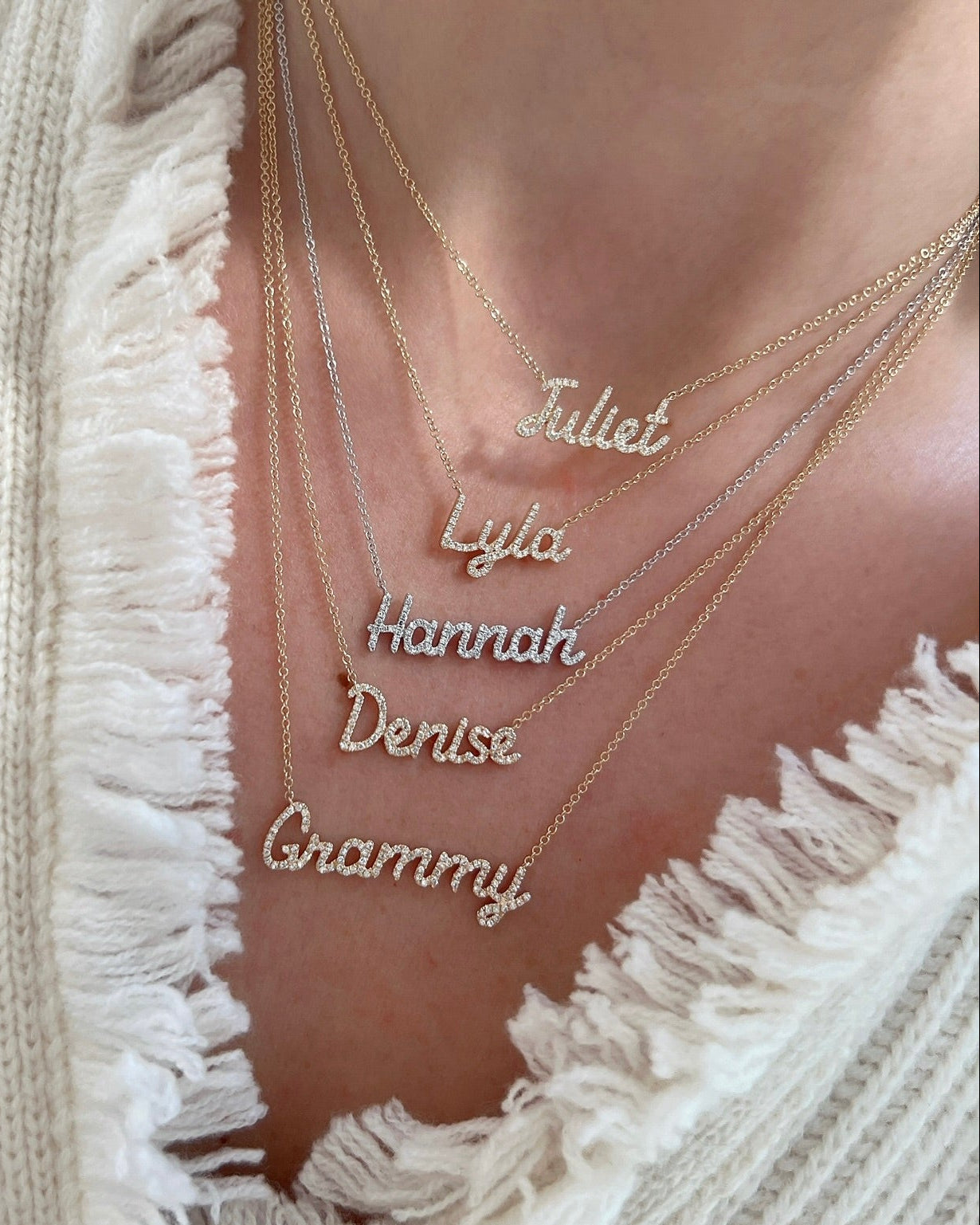 Script Diamond Custom Initial Necklace styled on the neck in Yellow gold and white gold