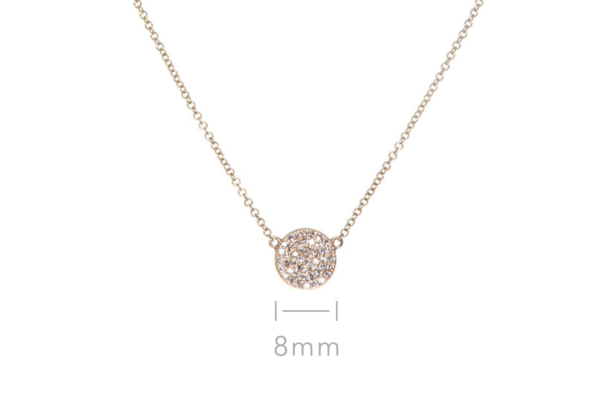 Diamond Disc Necklace in 14k yellow gold with size diagram of pendant being 8mm