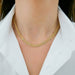 Diamond Bar Mesh Necklace in 14k yellow gold styled on neck of model wearing white blouse