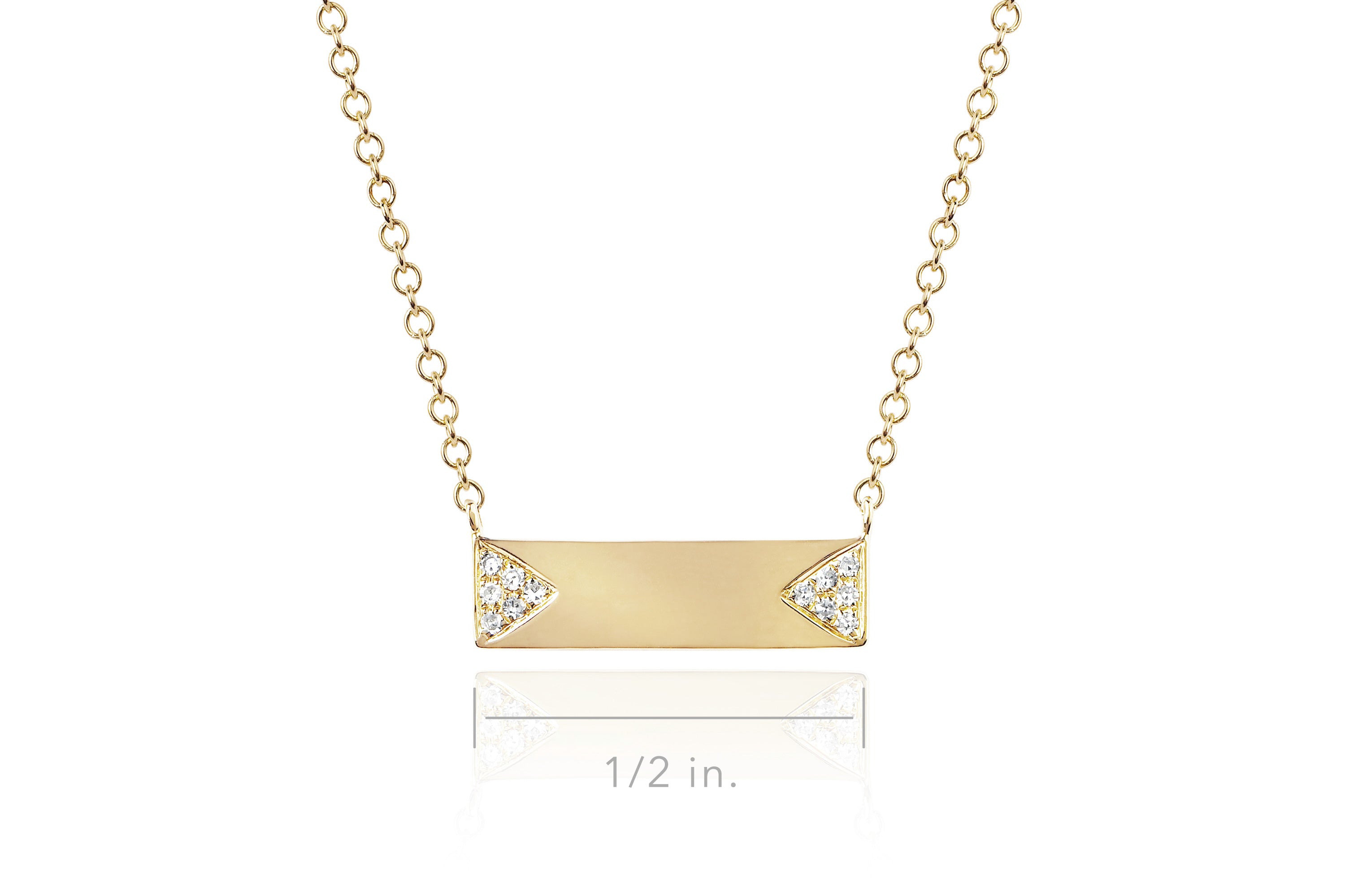 Diamond Double Triangle Mini Nameplate Necklace in 14k yellow gold with half inch measurement of pendant displayed