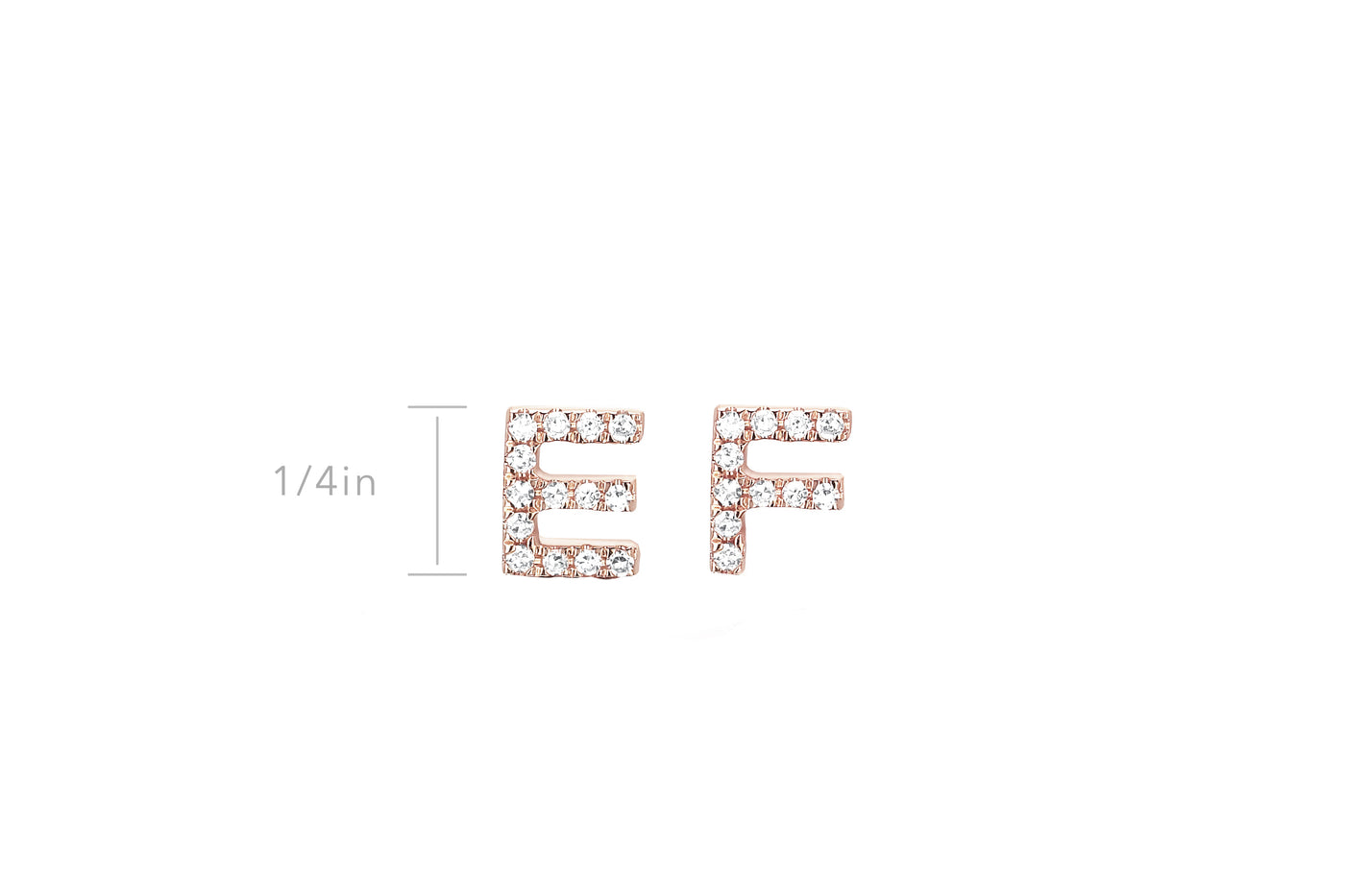 Diamond Initial Stud Earring in 14k rose gold with initials E and F with 1/4th size measurement height