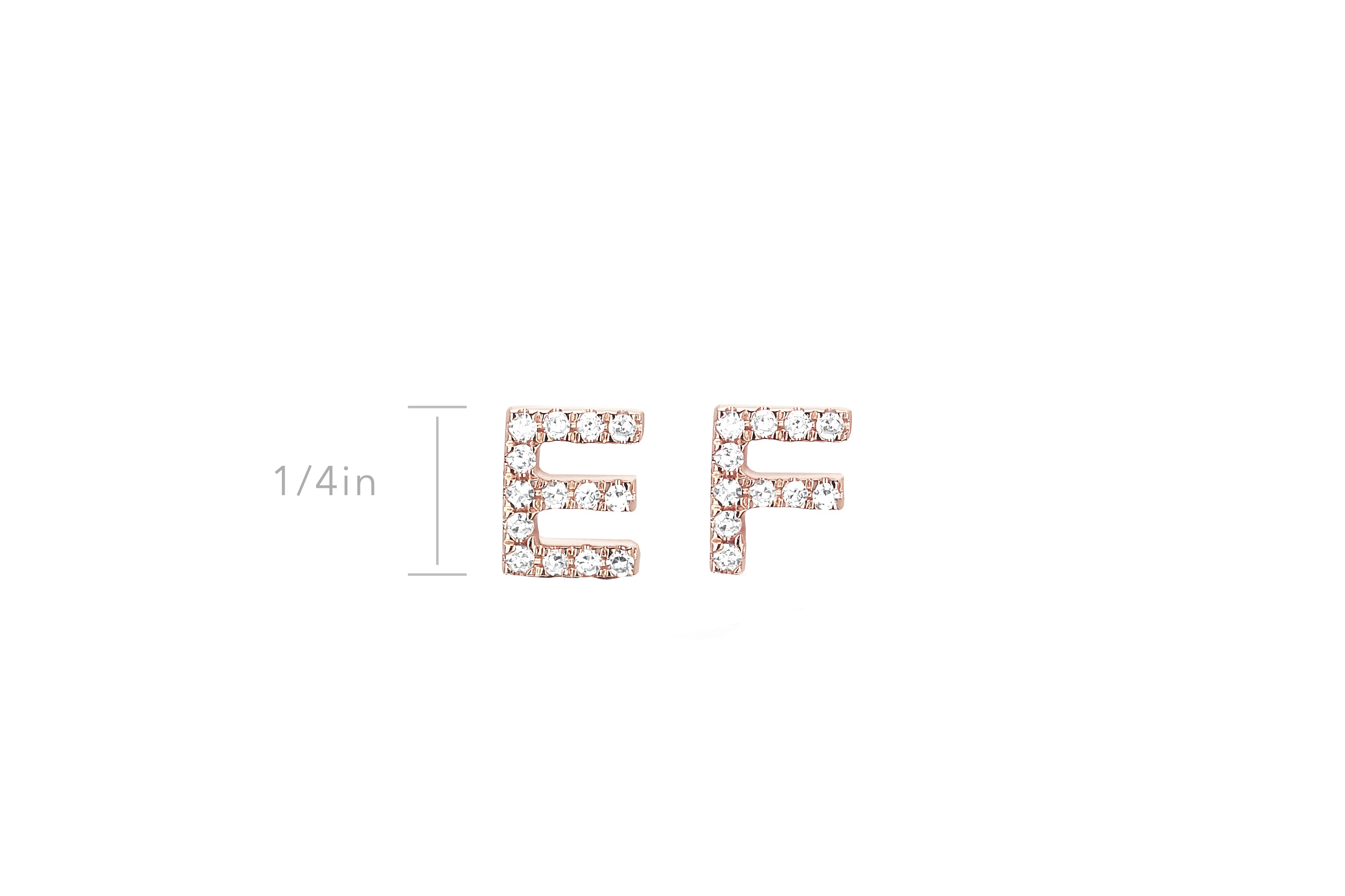 Diamond Initial Stud Earring in 14k rose gold with initials E and F with 1/4th size measurement height