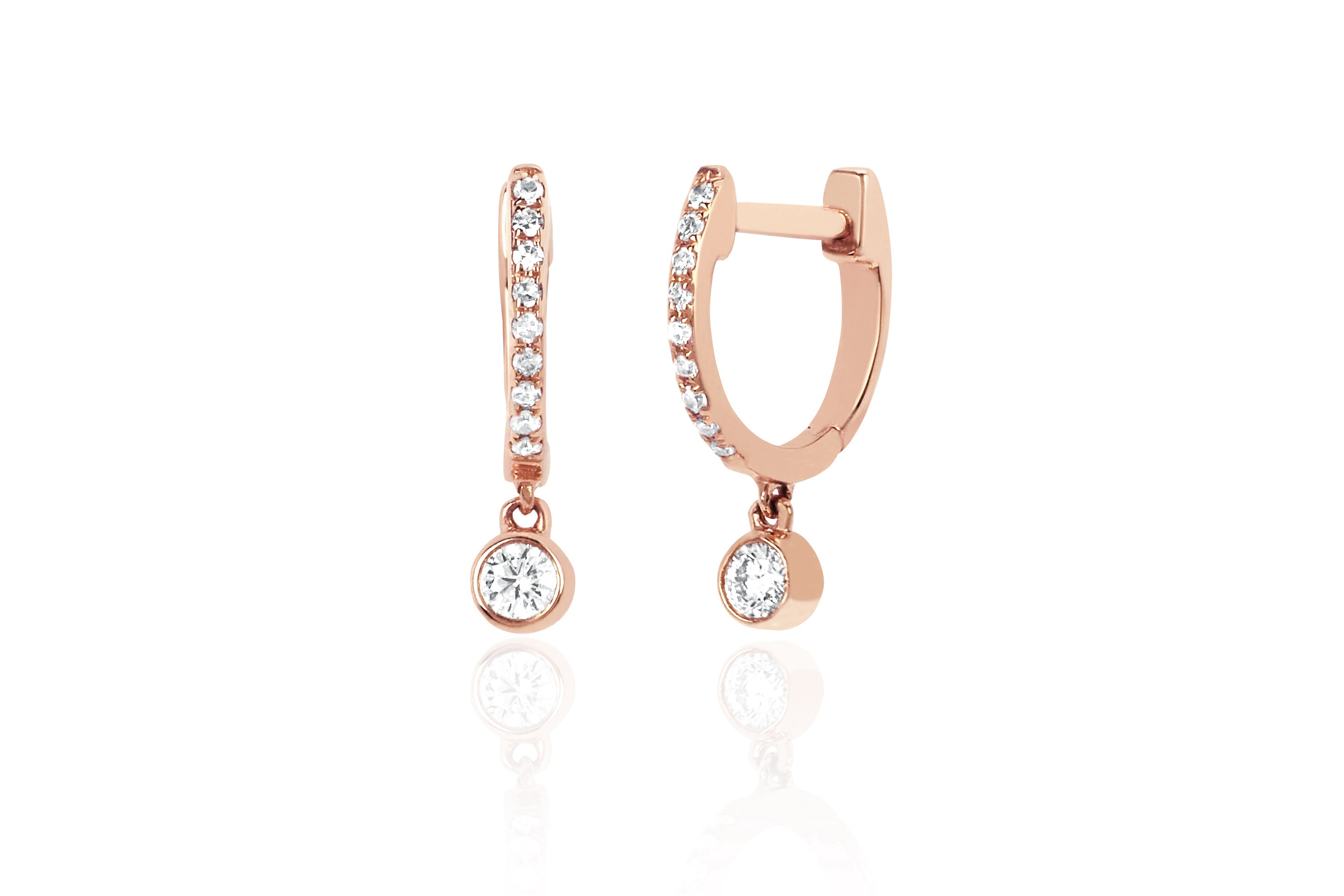 Diamond Mini Huggie With Diamond Bezel Drop Earring in 14k rose gold