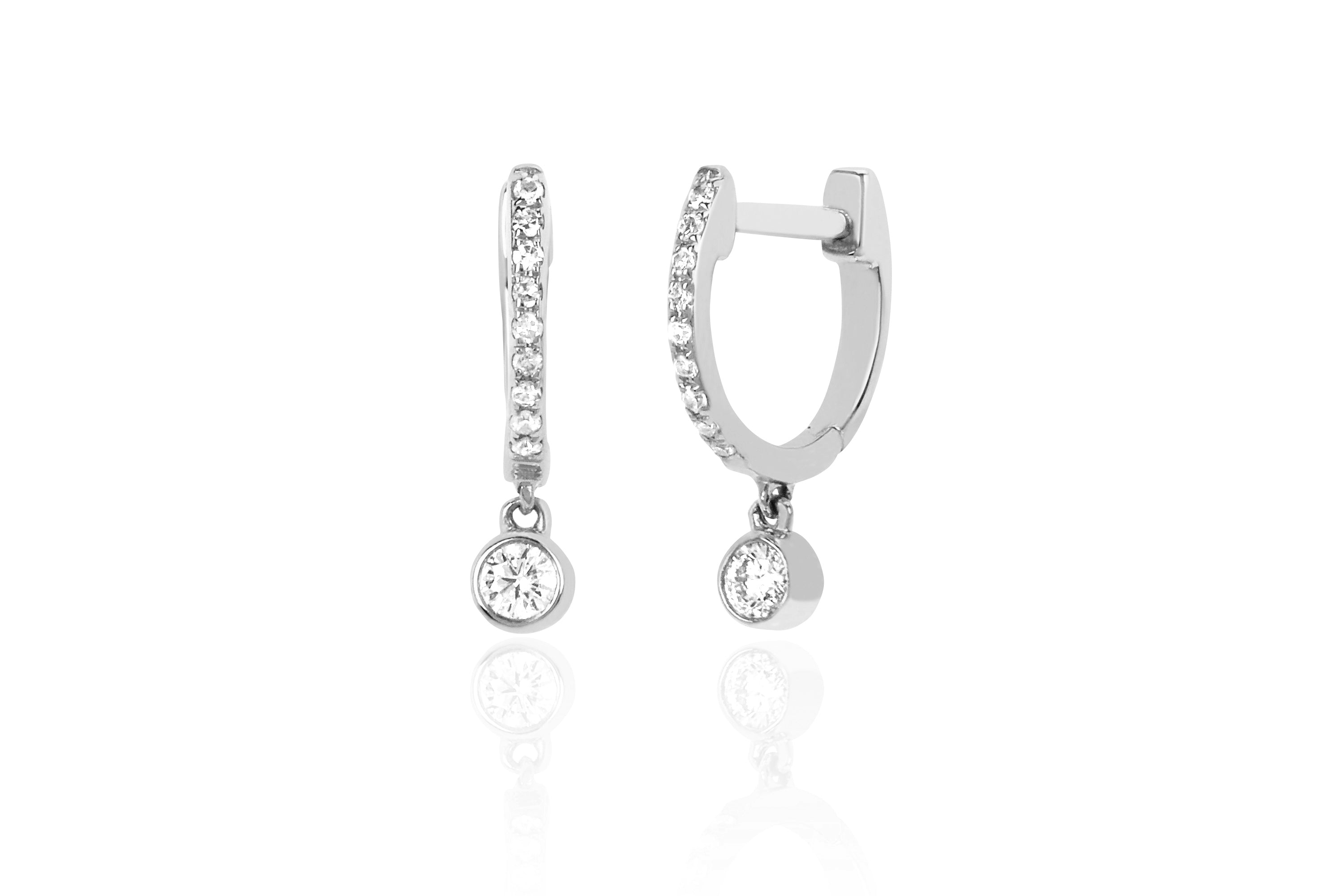 Diamond Mini Huggie With Diamond Bezel Drop Earring in 14k white gold