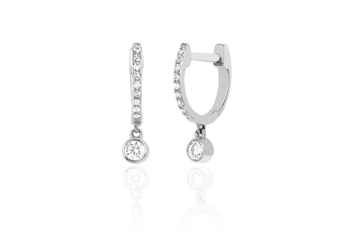 Diamond Mini Huggie With Diamond Bezel Drop Earring in 14k white gold