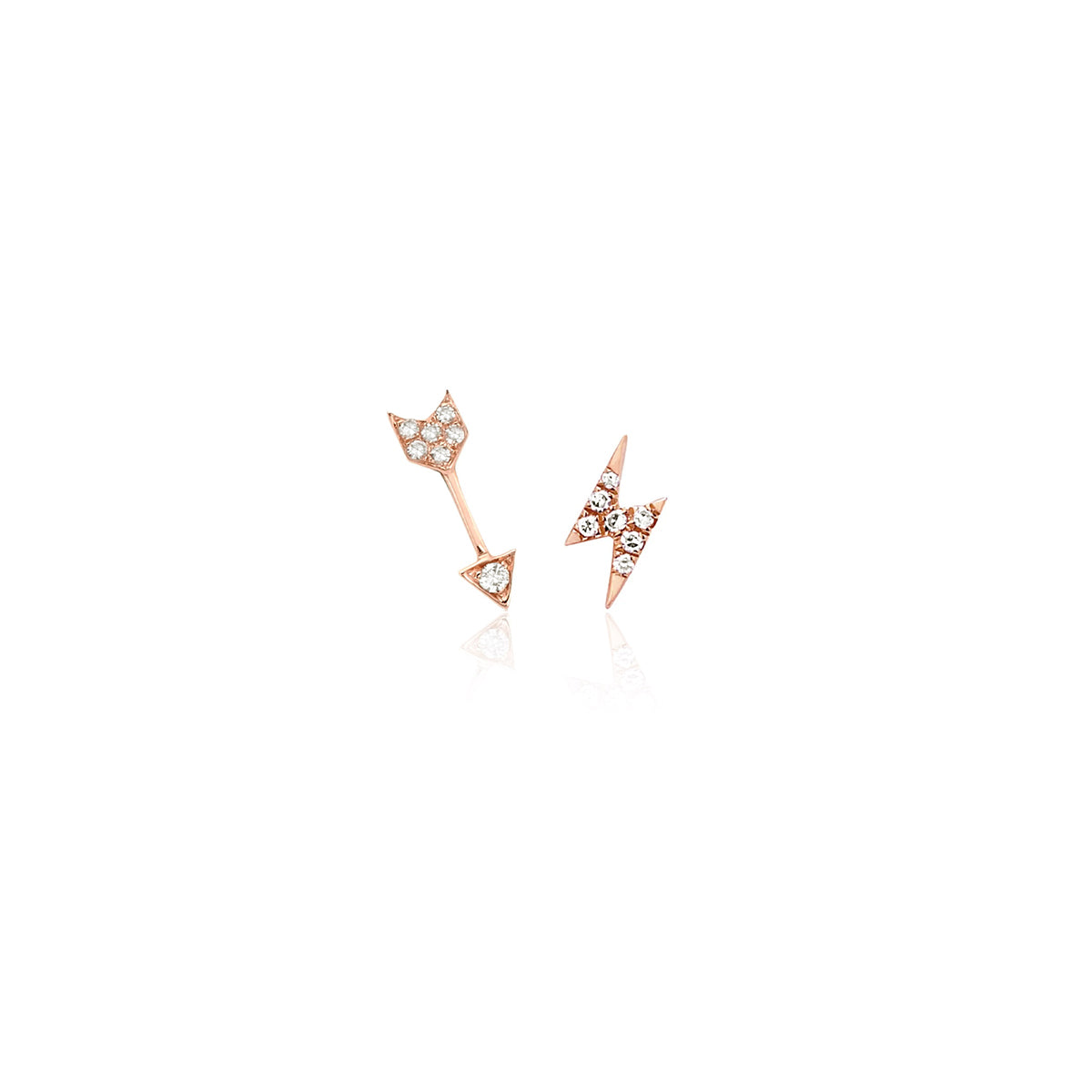 The Storm Set in 14k rose gold with 1 lightening bolt earring and 1 arrow earring