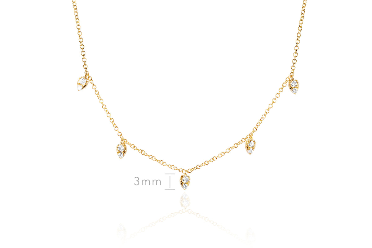 Diamond 5 Teardrop Choker Necklace in 14k yellow gold with size measurement of pendants of 3mm height
