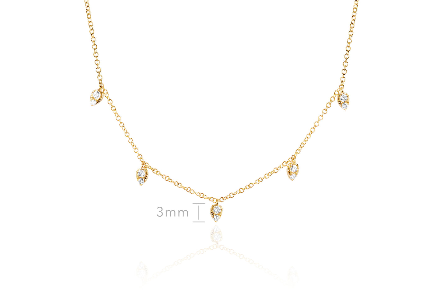 Diamond 5 Teardrop Choker Necklace in 14k yellow gold with size measurement of pendants of 3mm height