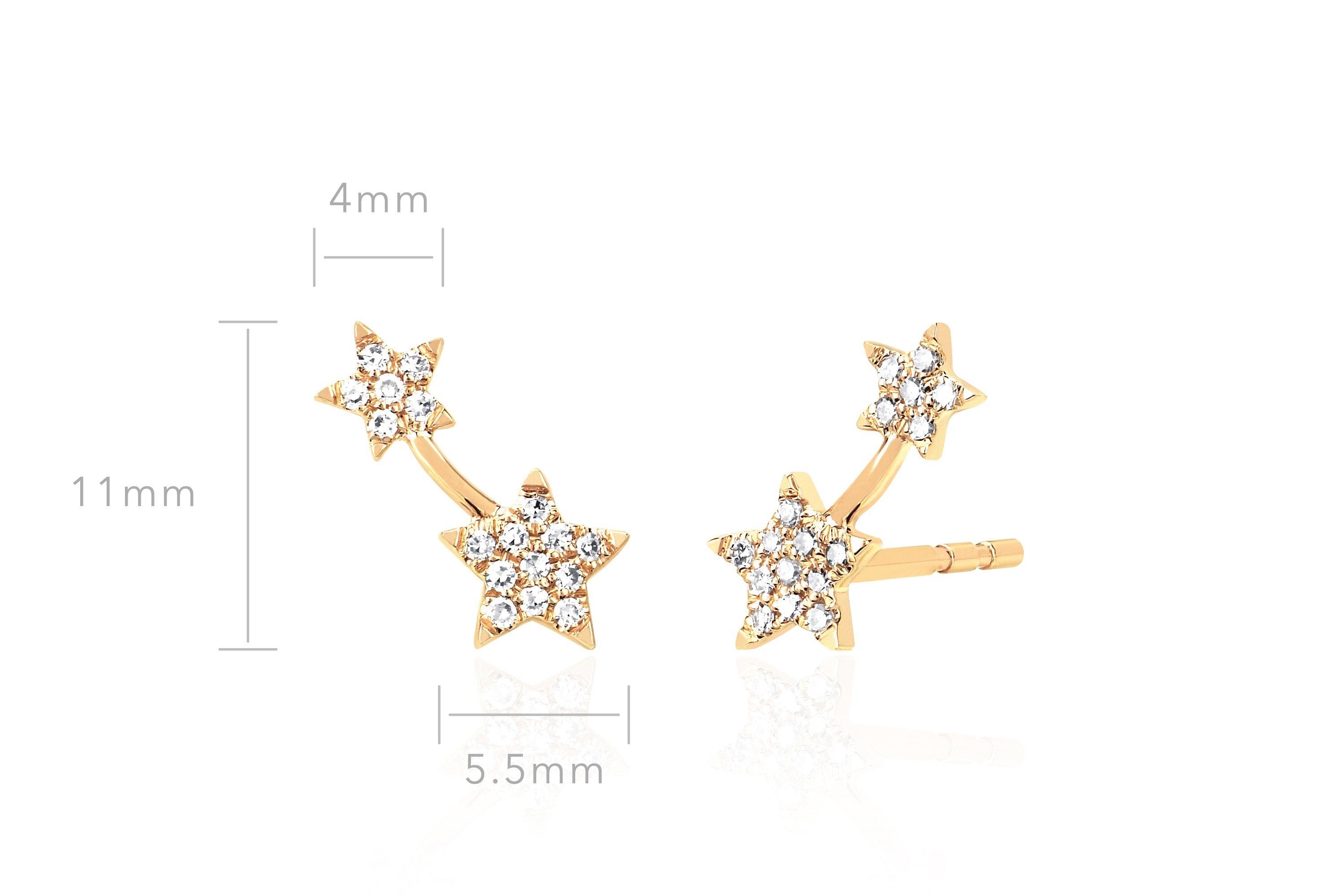 Diamond Double Star Stud Earring in 14k yellow gold with size measurements of 11mm height, 4mm width of small star, and 5.5mm of large star