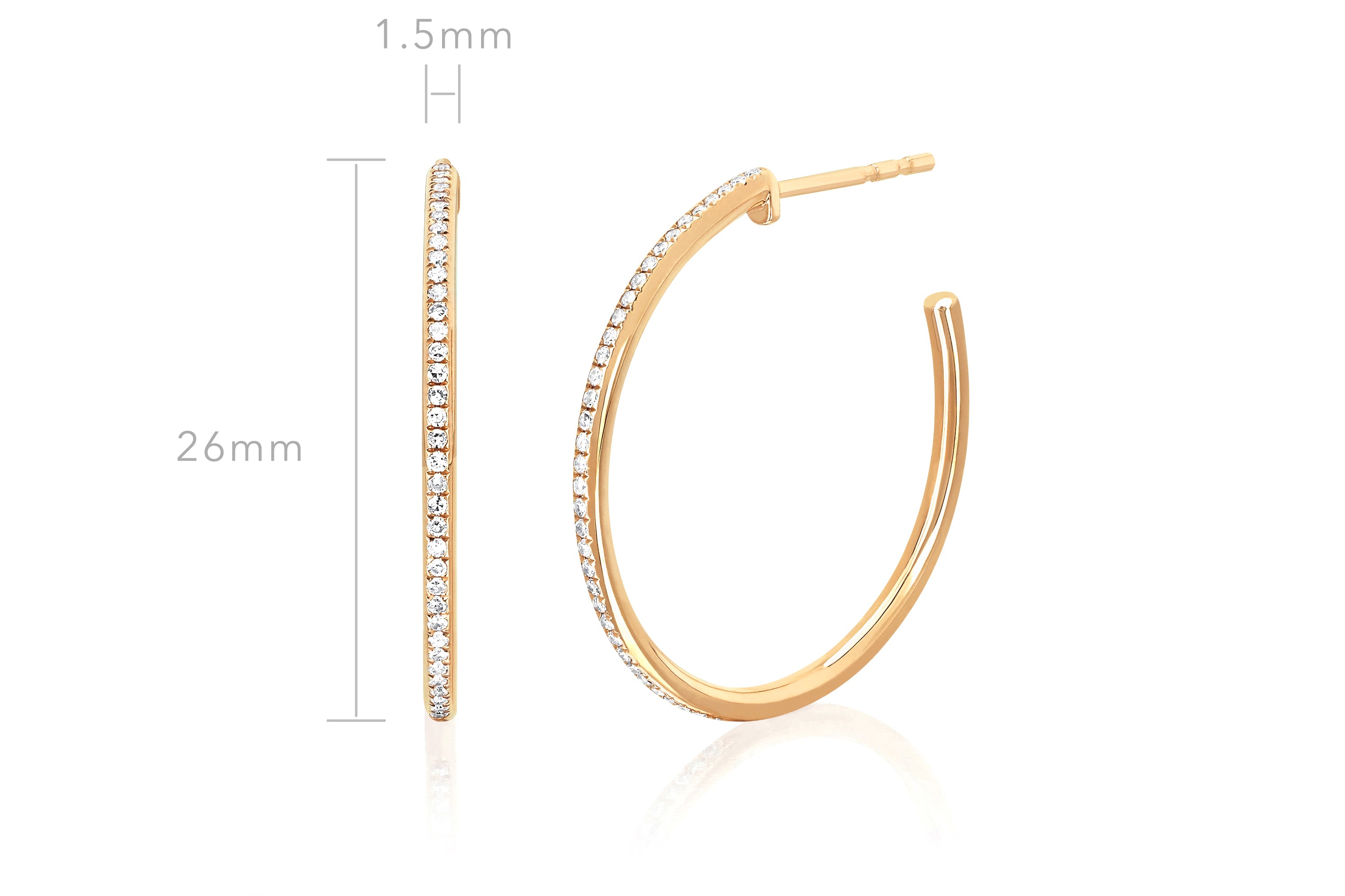 Half Diamond Essential Hoop Earring in 14k yellow gold with size measurement