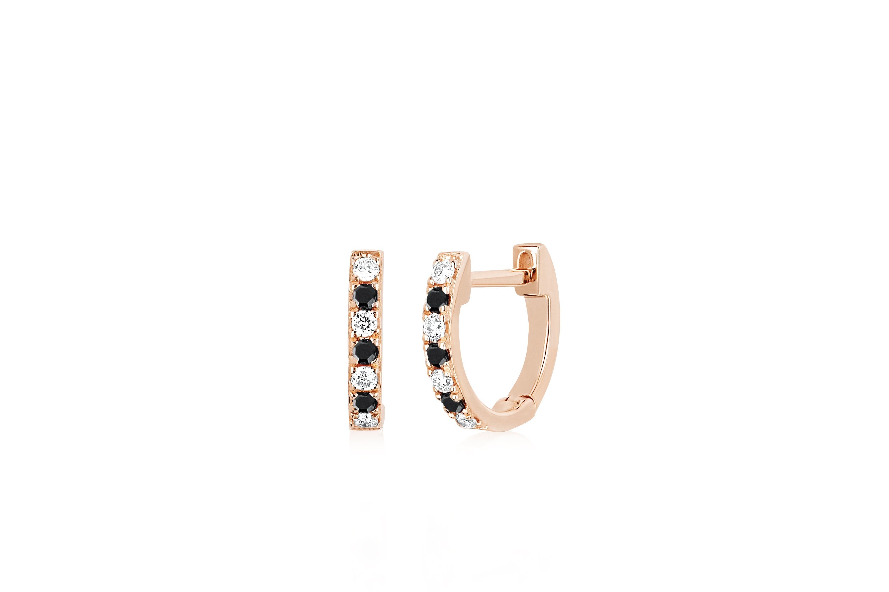 Mini Diamond & Black Diamond Dot Huggie Earring in 14k rose gold